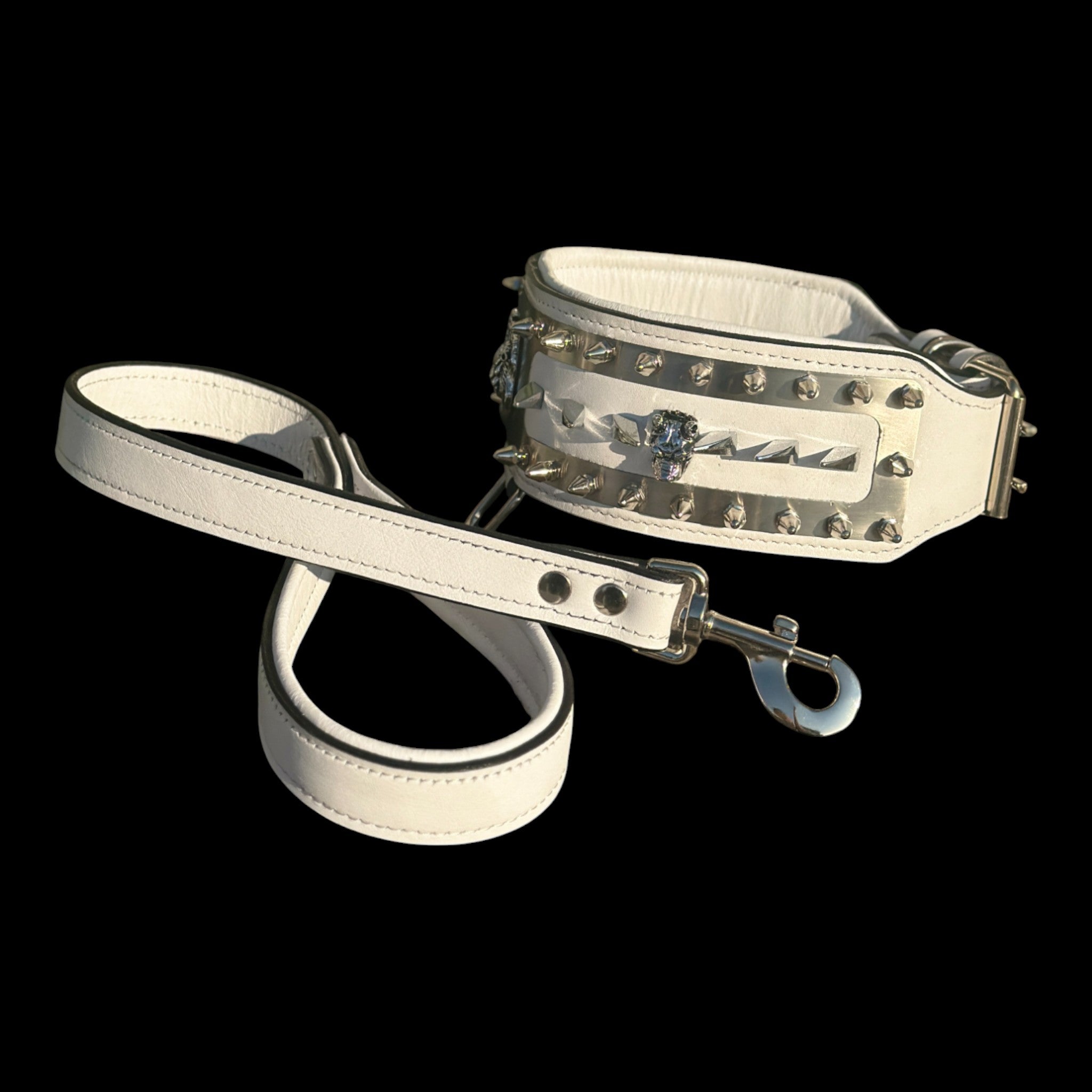 8 cm wide white collar with stainless-steel studs and D-ring