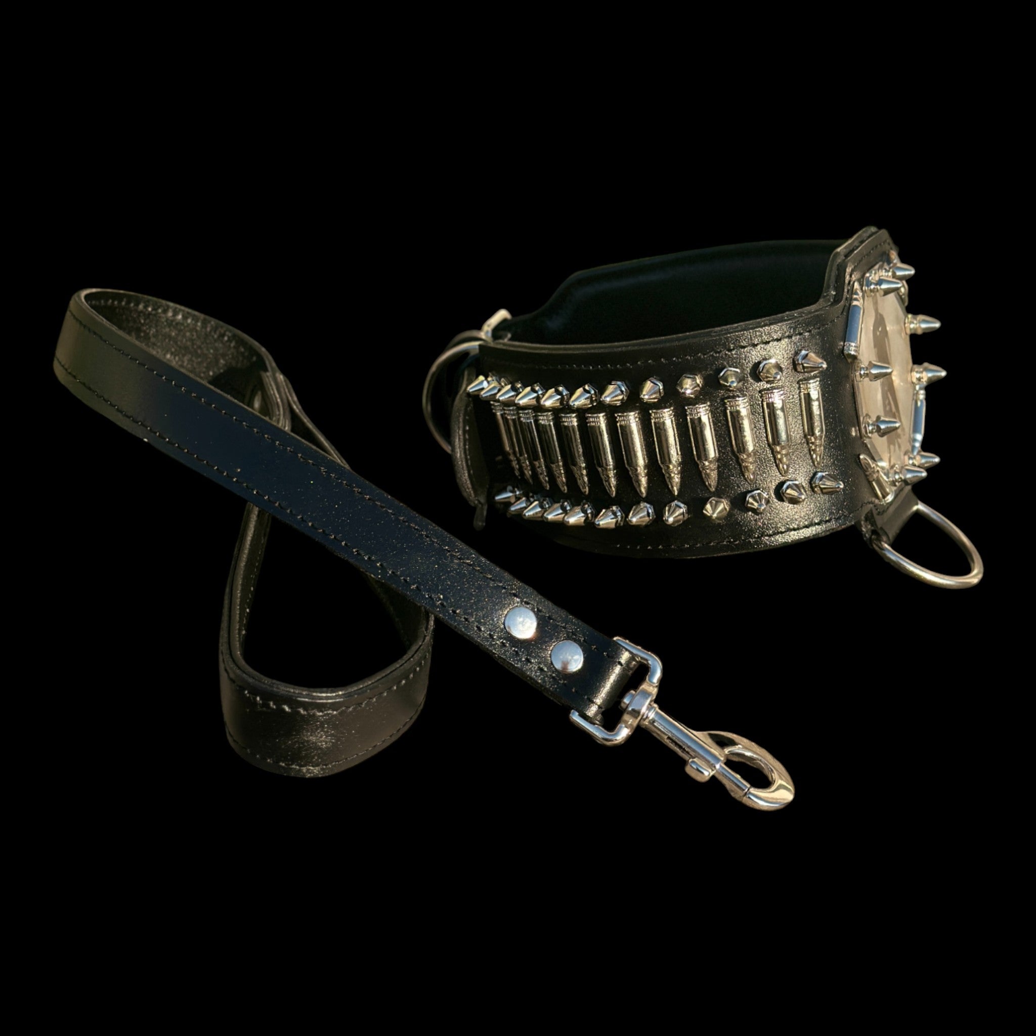 Luxury black leather collar with custom engraved nameplate