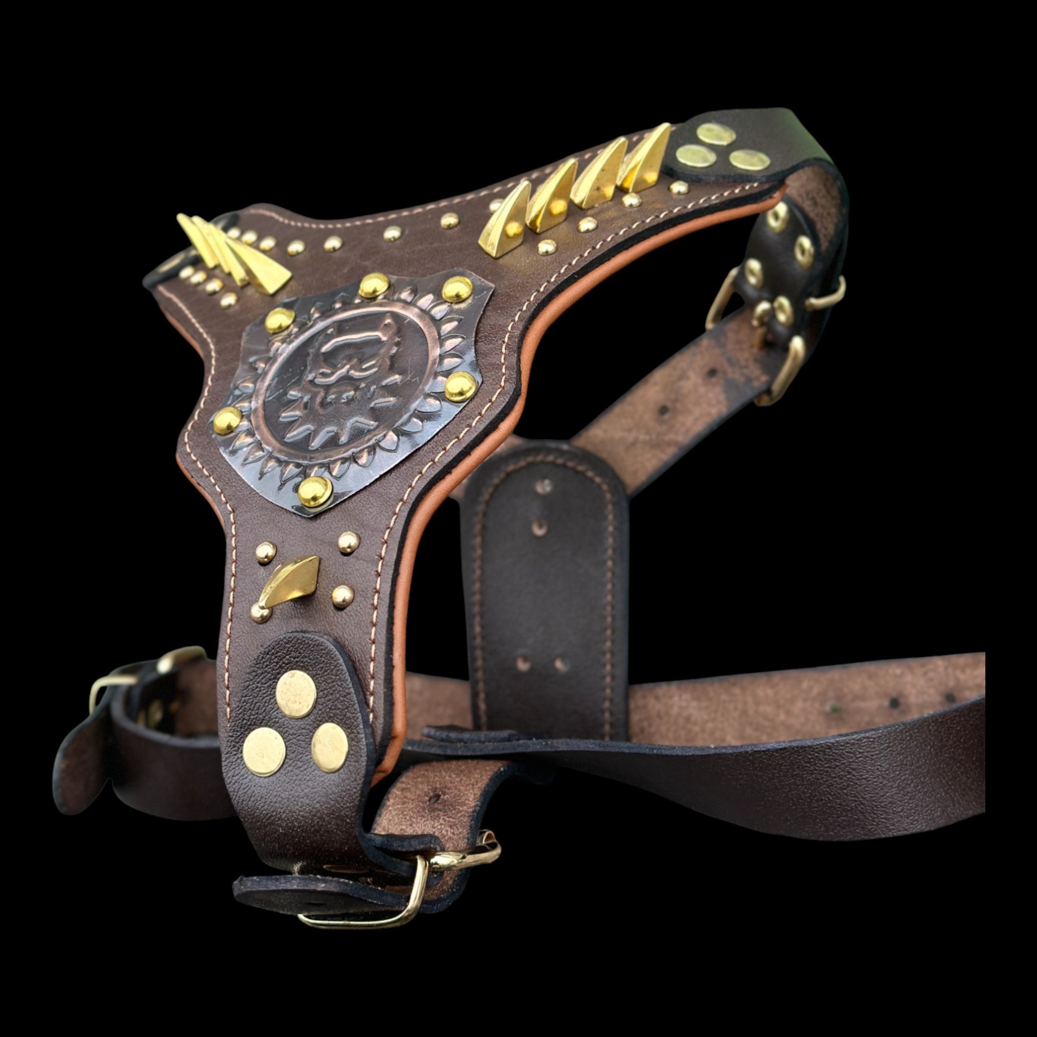 Brown Leather Dog Harness with Copper Engraved Logo & Gold Spikes – Handmade Chest Harness for Large Breeds