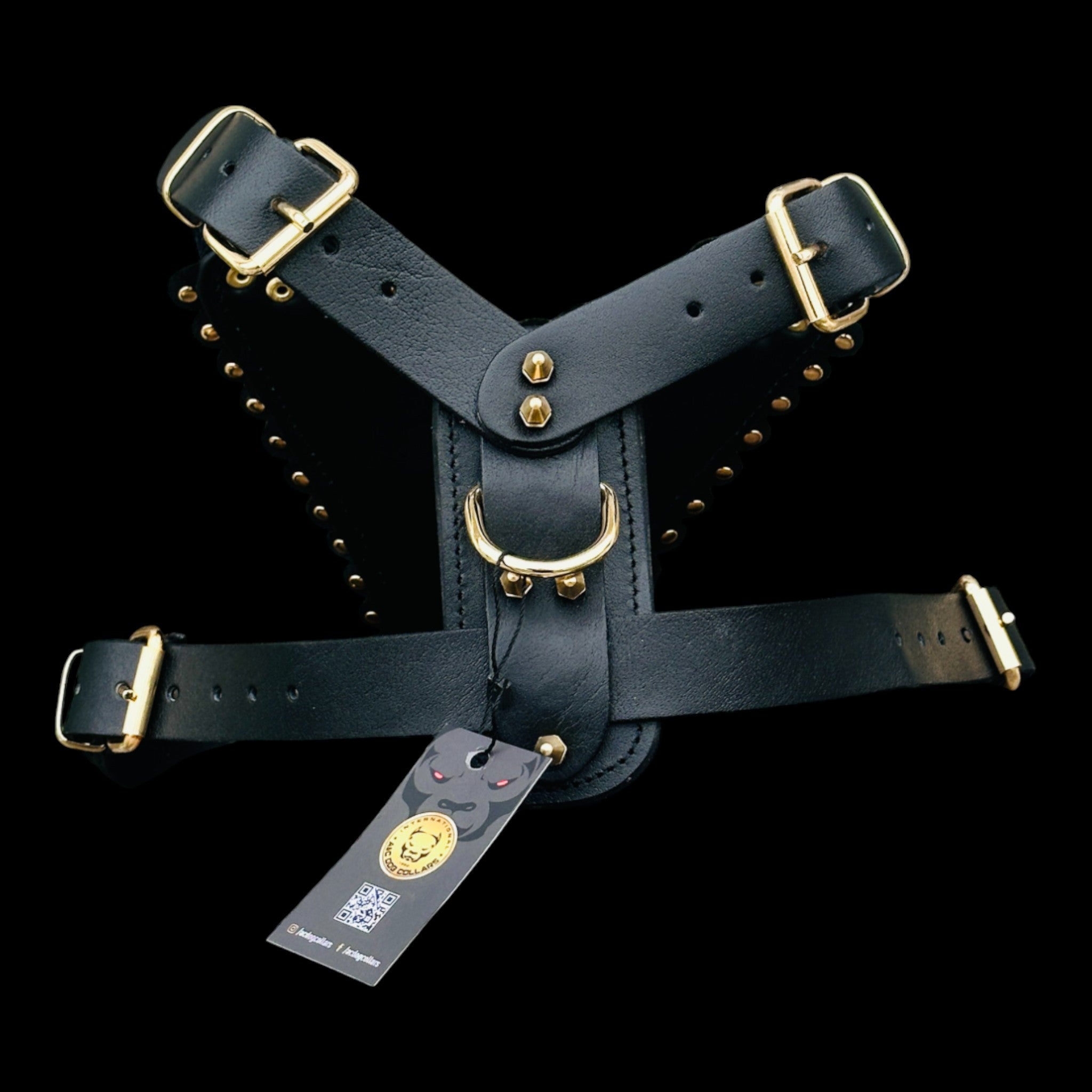 Luxury Handmade Dog Harness with Bully Head & Lion Logo – Black Leather, Gold Spikes, Heavy Duty for Large Breeds