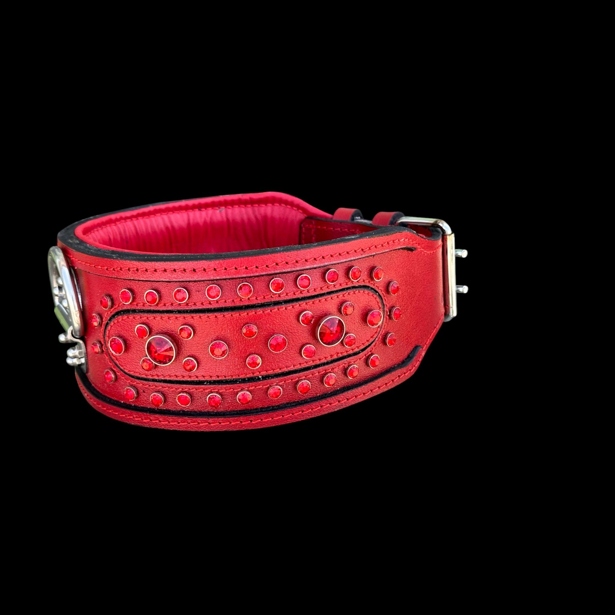 Handcrafted Red Leather Dog Collar – Wide & Thick Crystal Studded