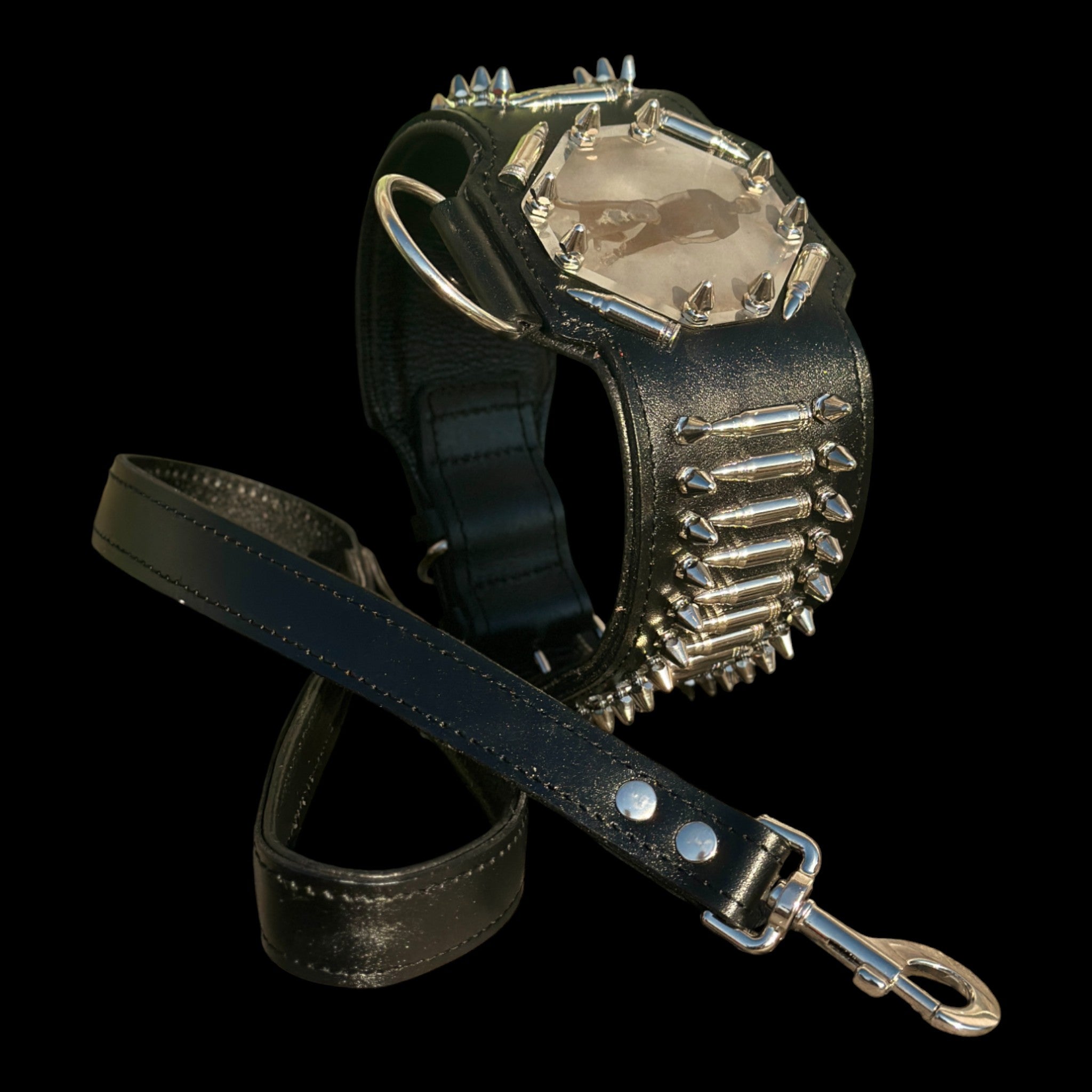 Handmade black leather dog collar with laser engraving and spikes