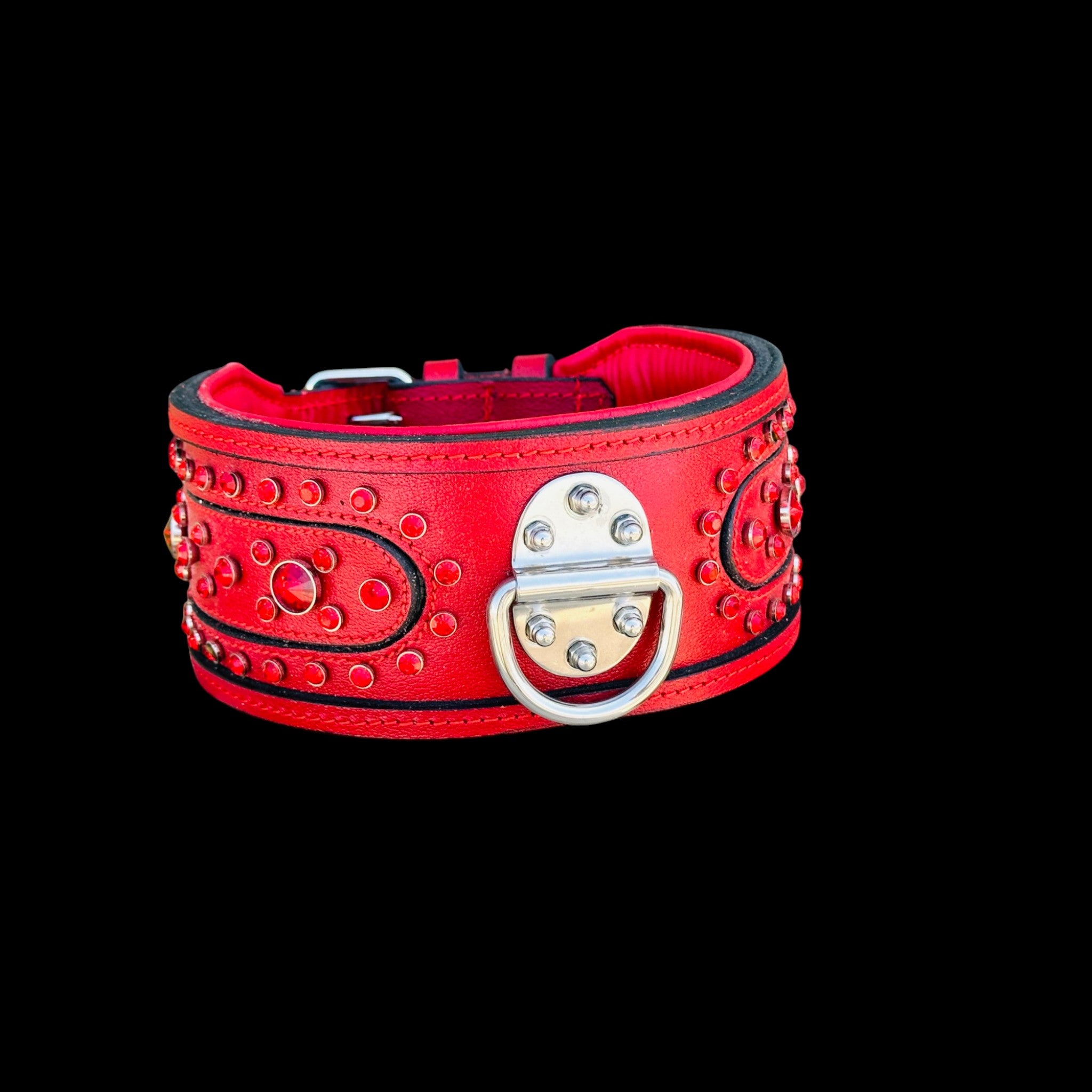 Handcrafted Red Leather Dog Collar – Wide & Thick Crystal Studded