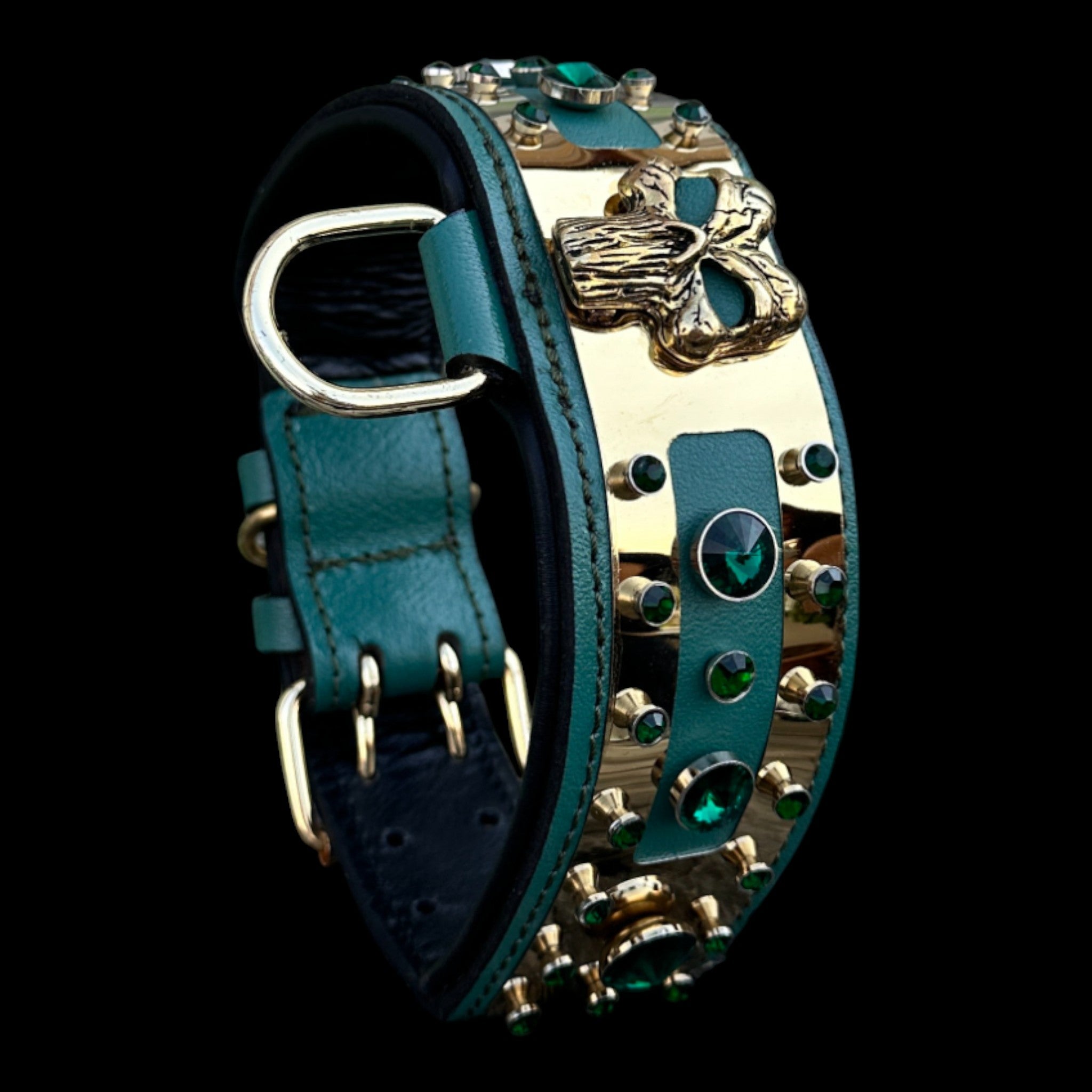 Luxury Punisher design dog collar with emerald crystals