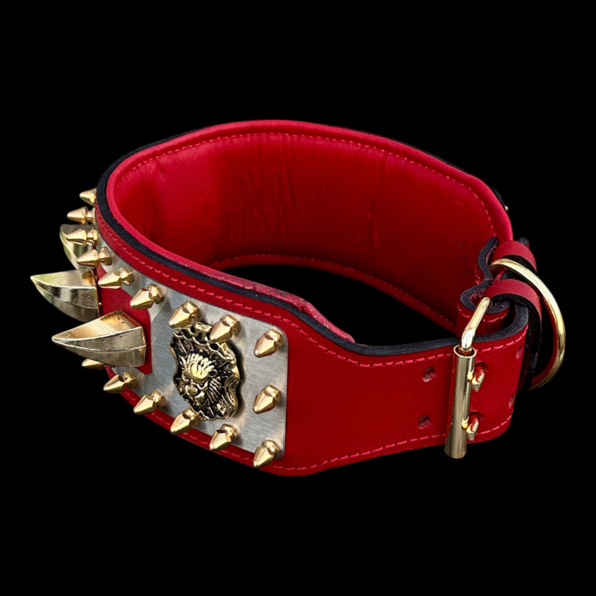 Luxury red and gold spiked collar for powerful dogs.