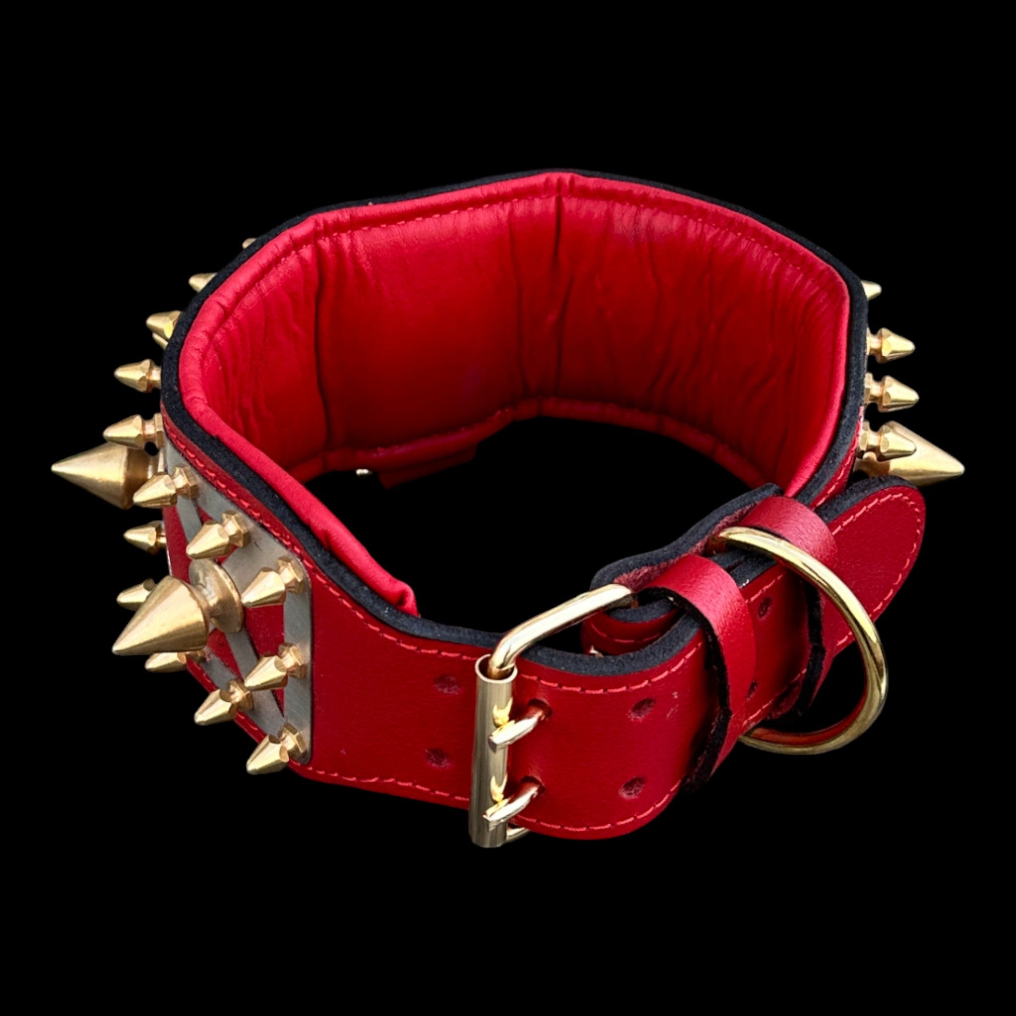Handmade lion logo dog collar with red leather