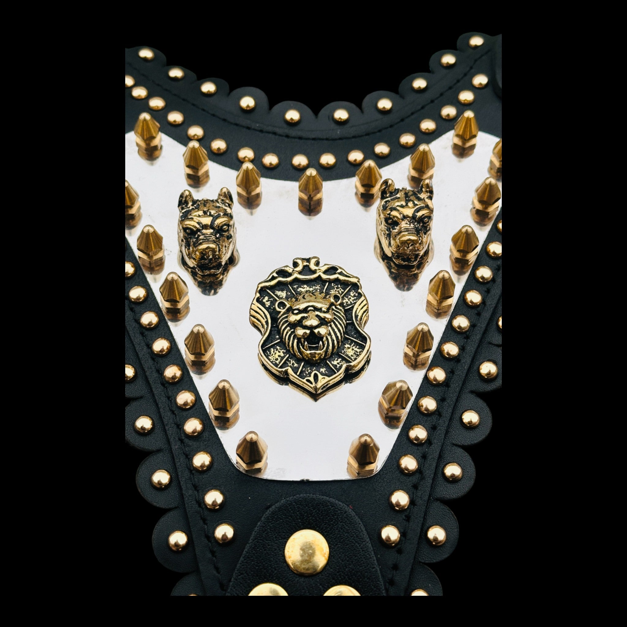 Luxury Handmade Dog Harness with Bully Head & Lion Logo – Black Leather, Gold Spikes, Heavy Duty for Large Breeds