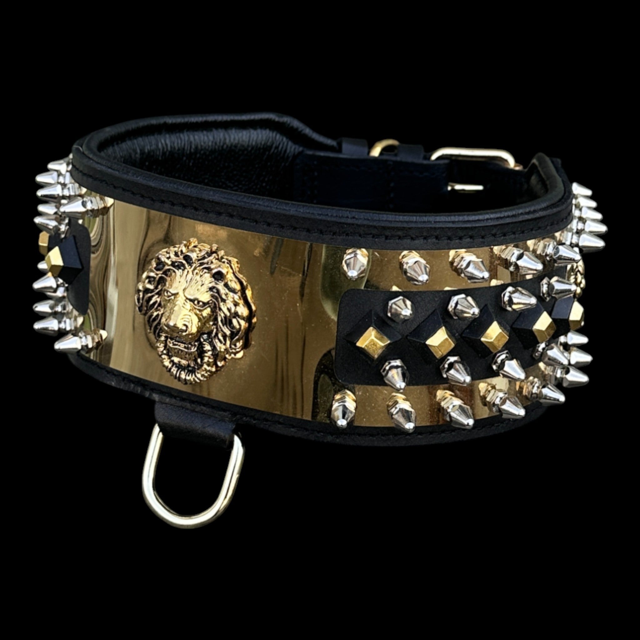 Wide heavy-duty spiked dog collar for large breeds.