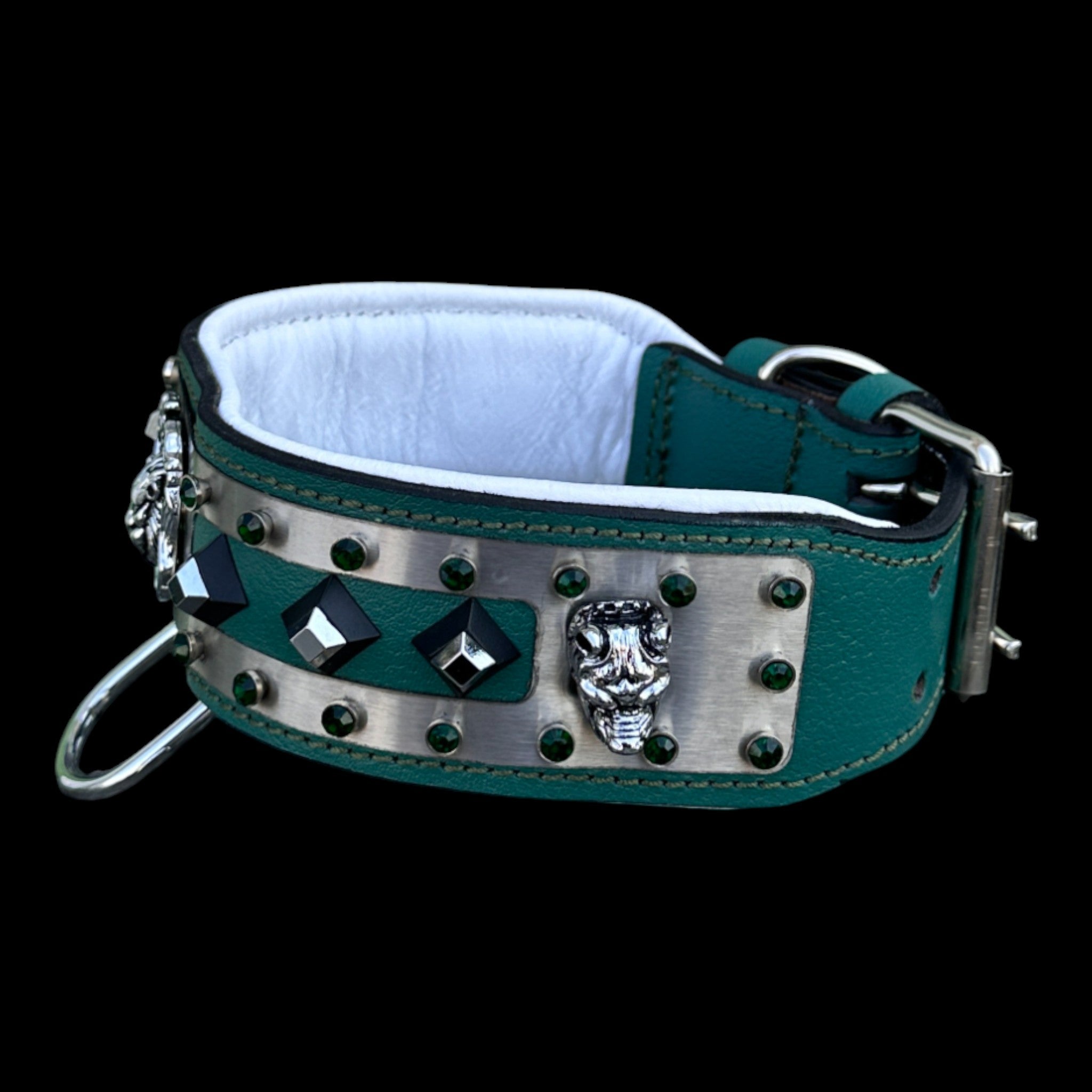 A&C Dog Collars handmade lion logo collar with emerald stones