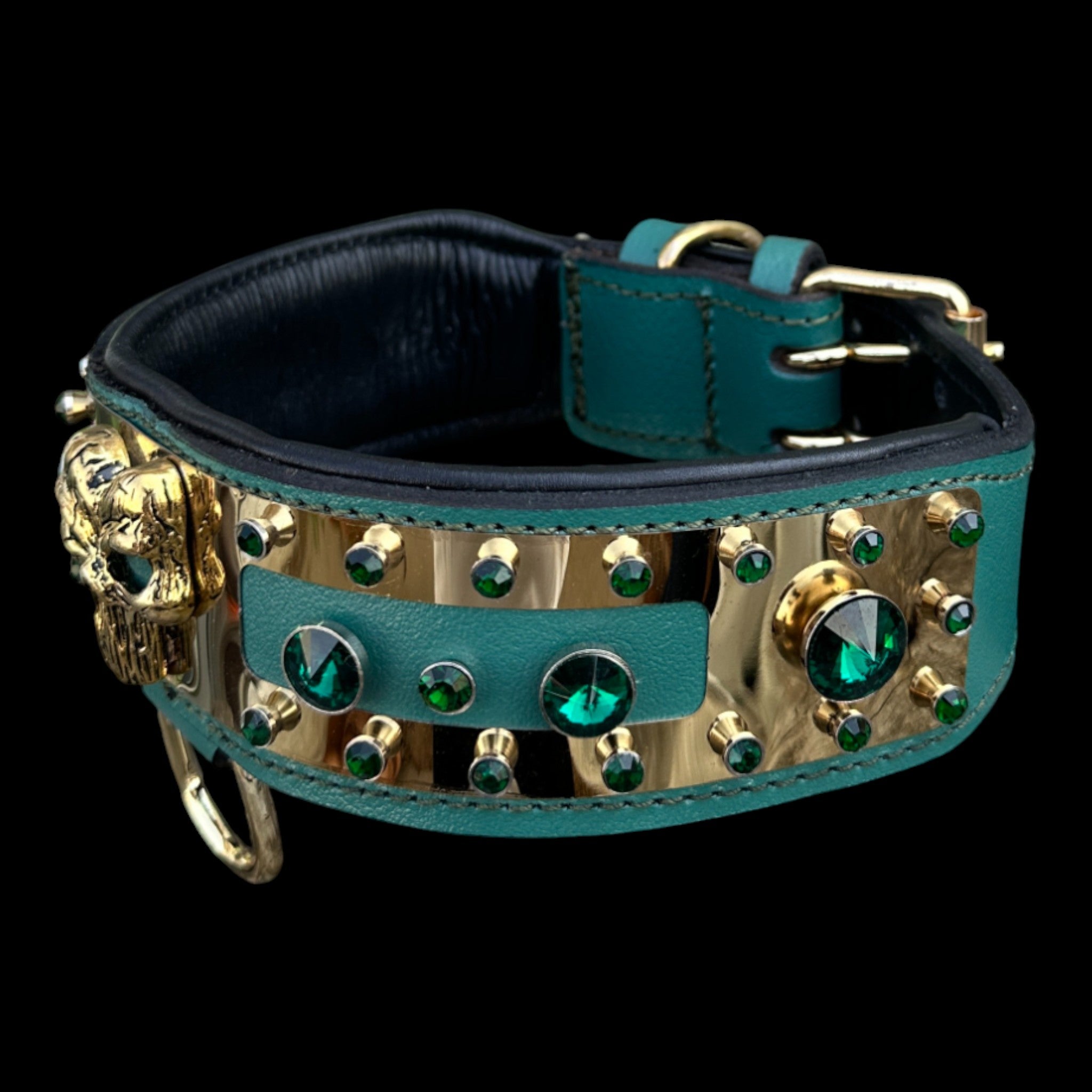 2.36 inch wide stainless-steel dog collar with green crystals