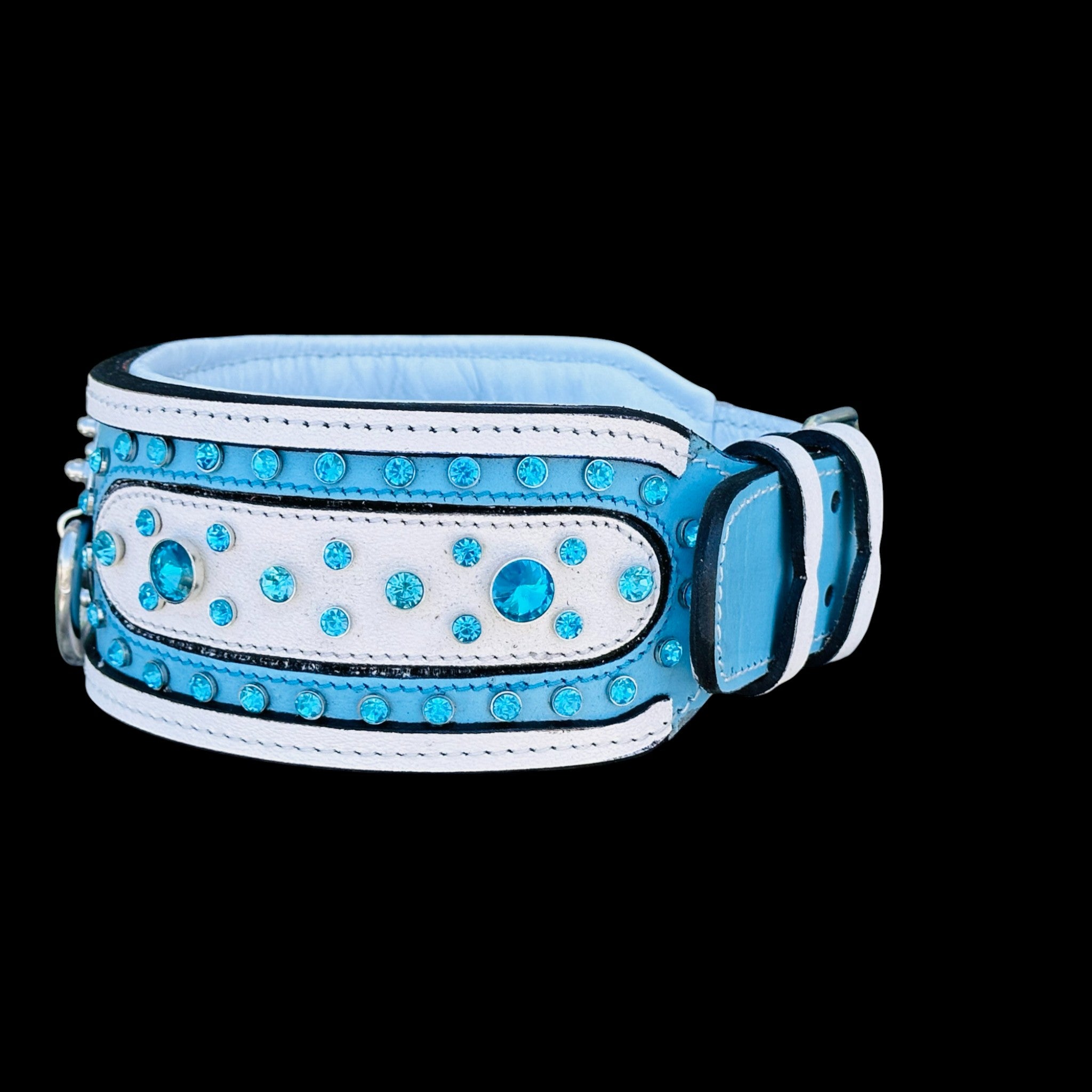 Handcrafted Turquoise Crystal Dog Collar – Wide & Thick Leather Design with Steel D-Ring for Cane Corso, Rottweiler, Doberman, Kangal, American Bully