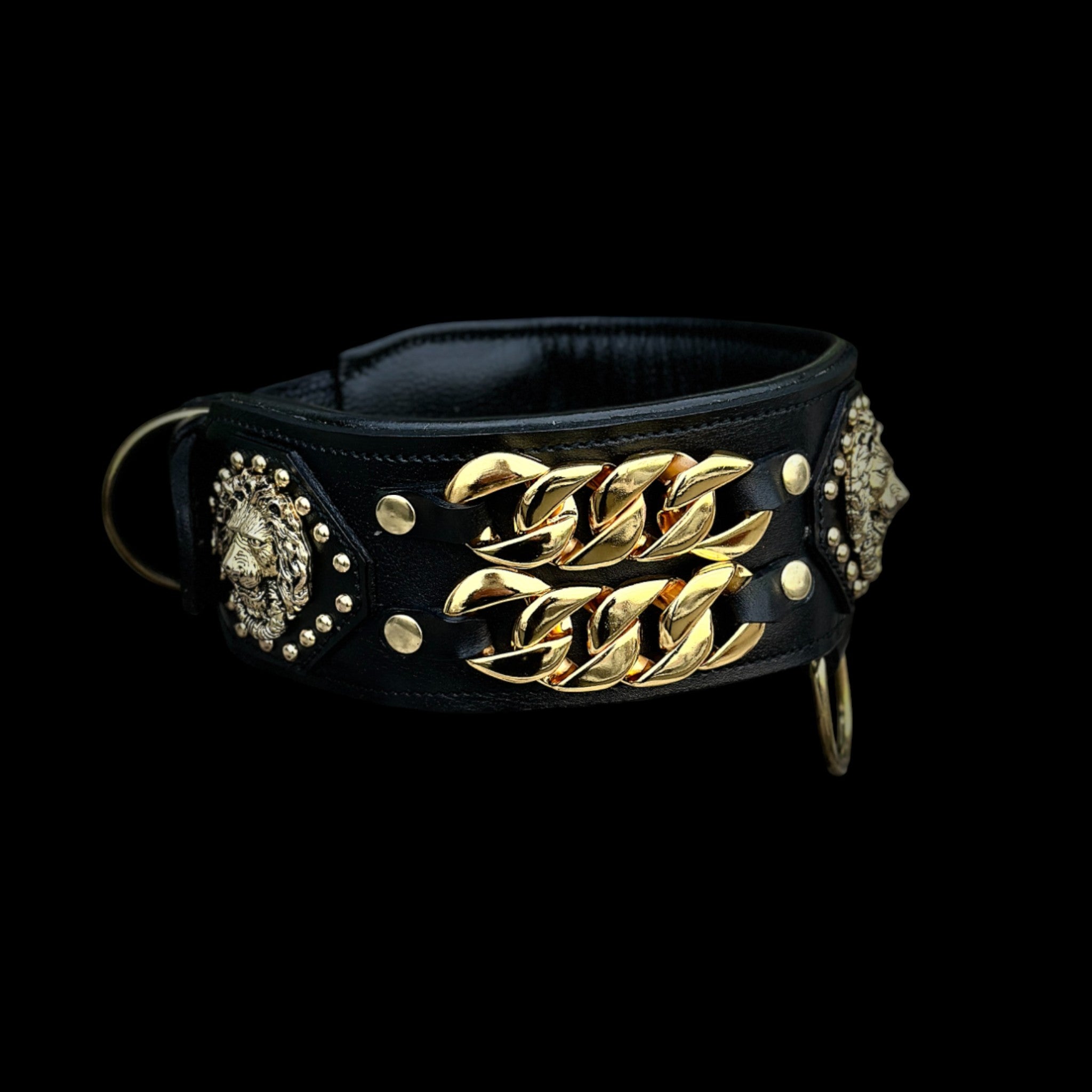 Handcrafted Black Leather Dog Collar – Lion Head Design with Gold Chains, Wide Strong Collar for Cane Corso, Rottweiler, Doberman, Kangal, American Bully