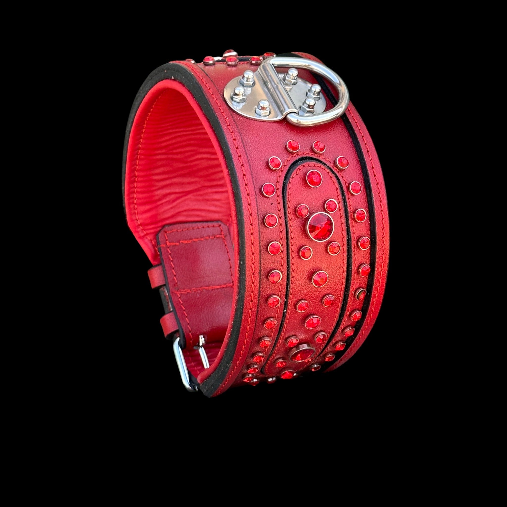 Handcrafted Red Leather Dog Collar – Wide & Thick Crystal Studded