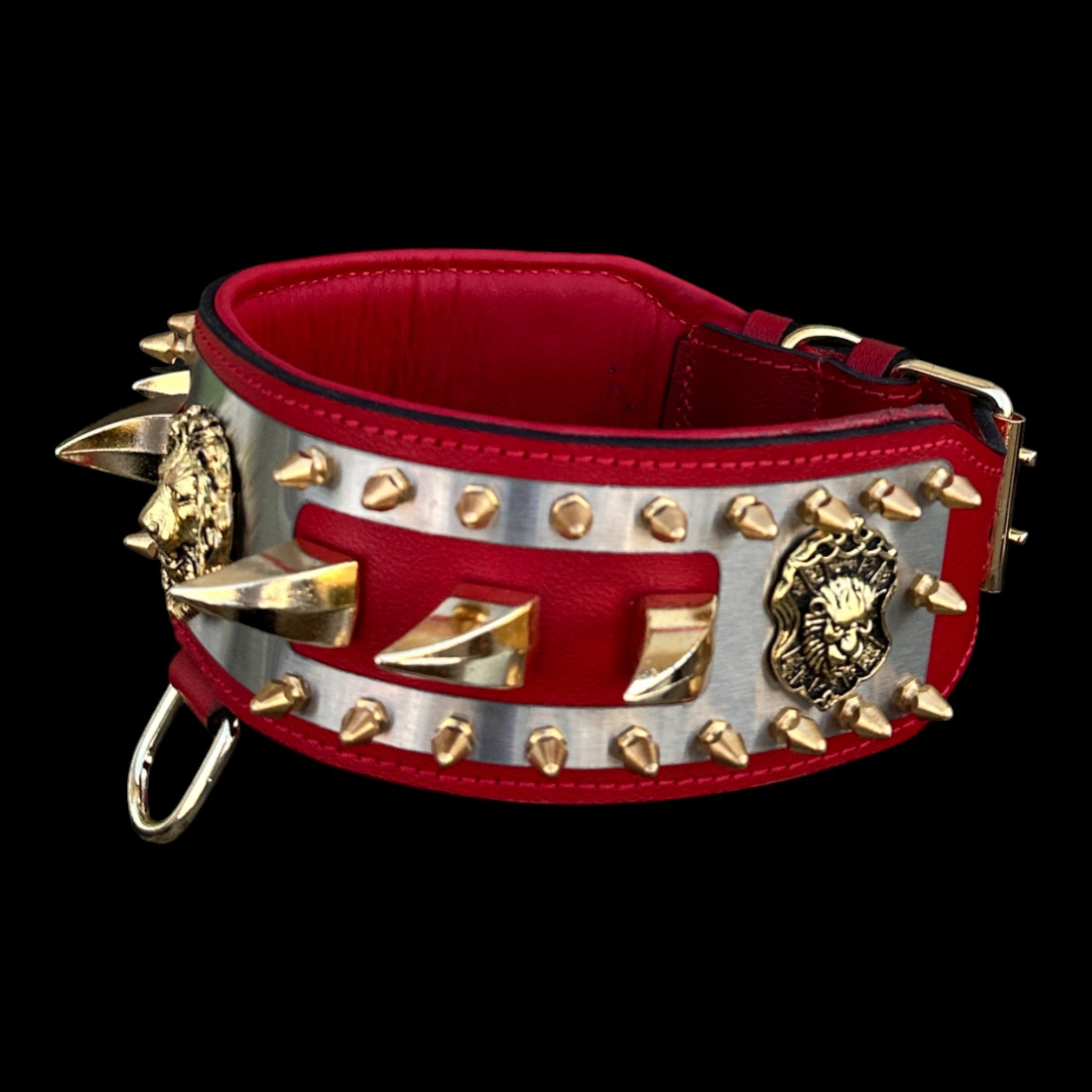 3.15 inch wide custom dog collar with lion logo plate.