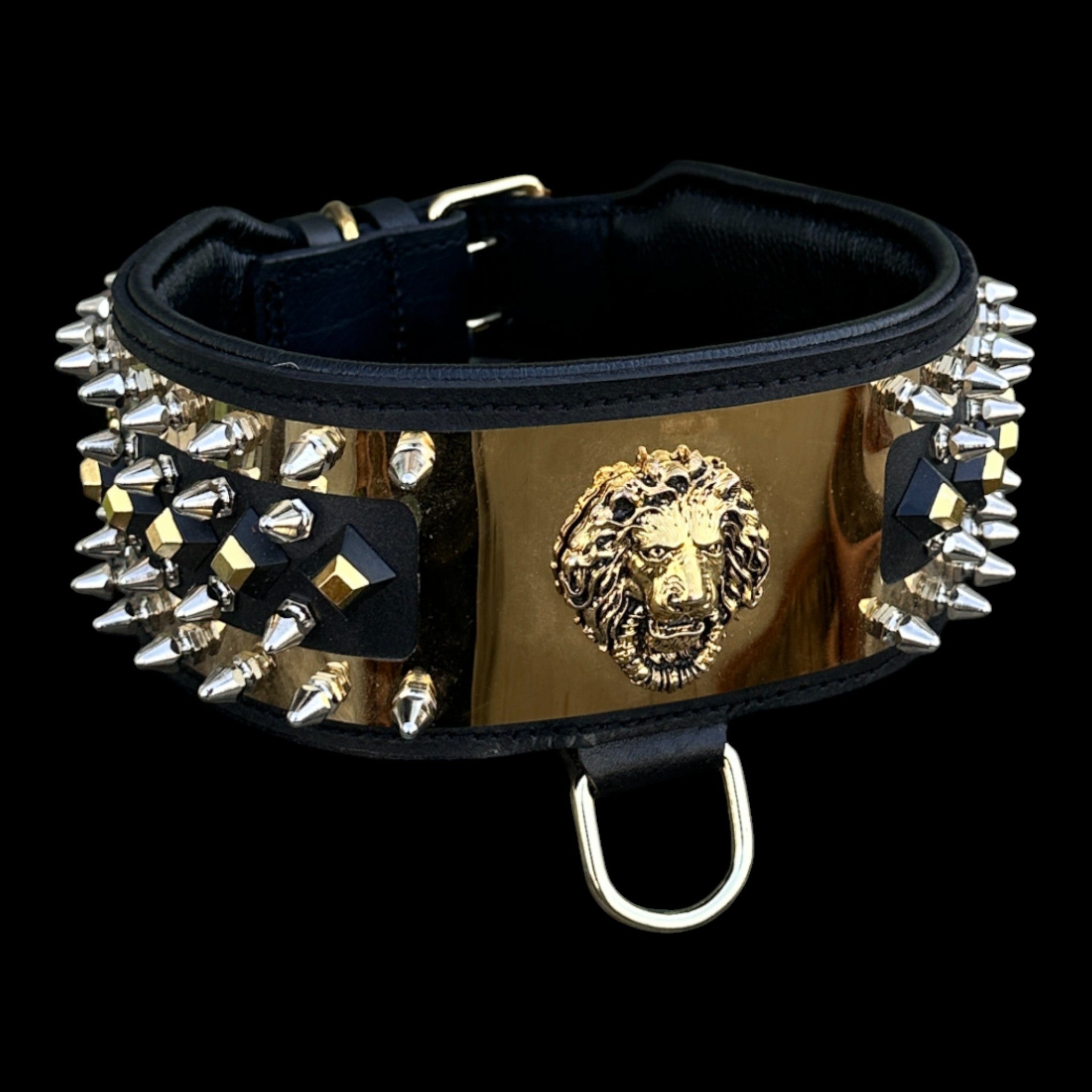 Gold-plated handmade dog collar with strong D-ring.