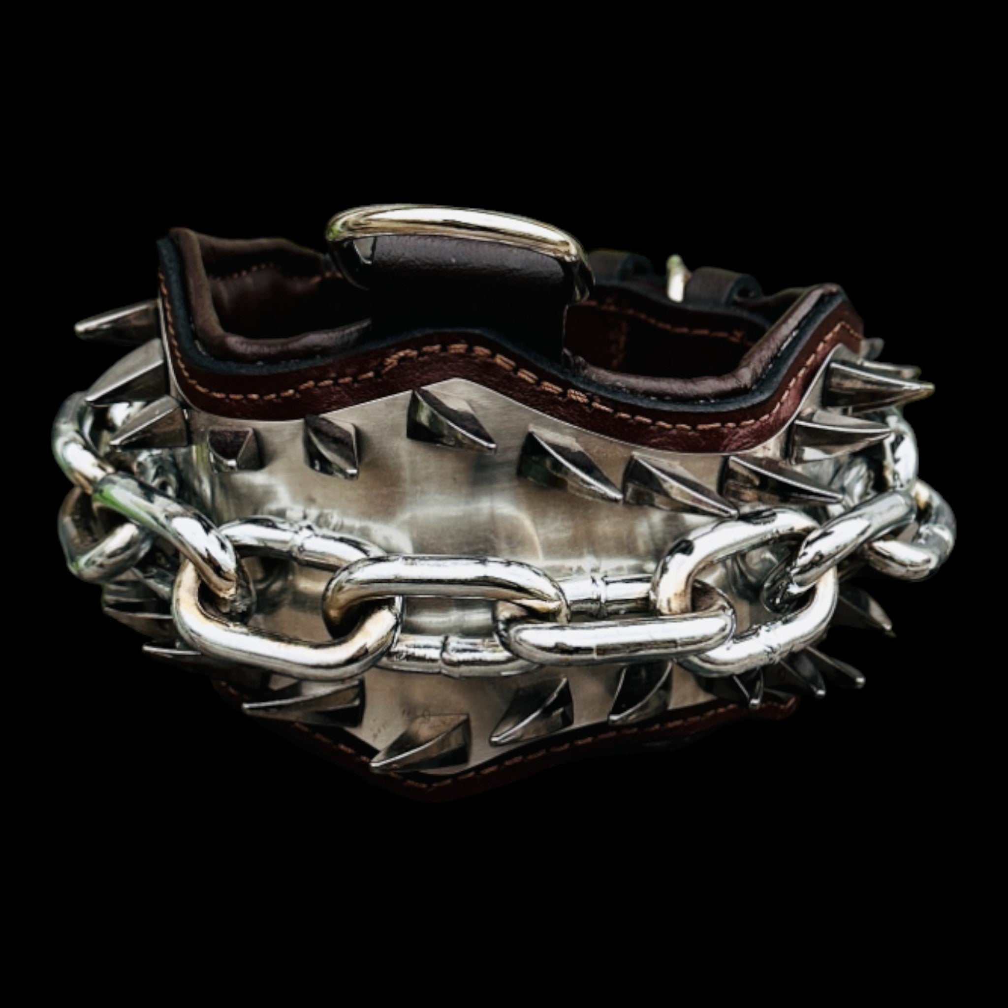 Chrome chain design leather collar by A&C Dog Collars.