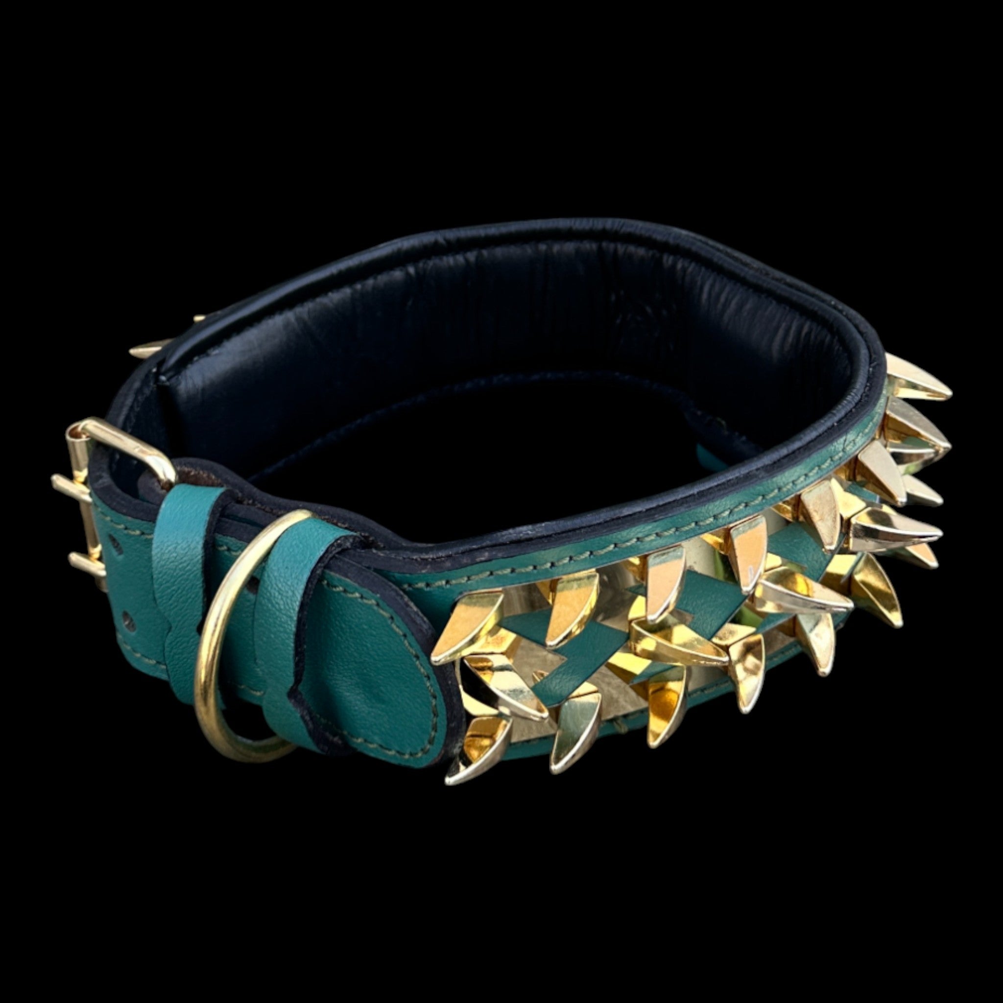 Handmade buffalo leather dog collar with gold spikes