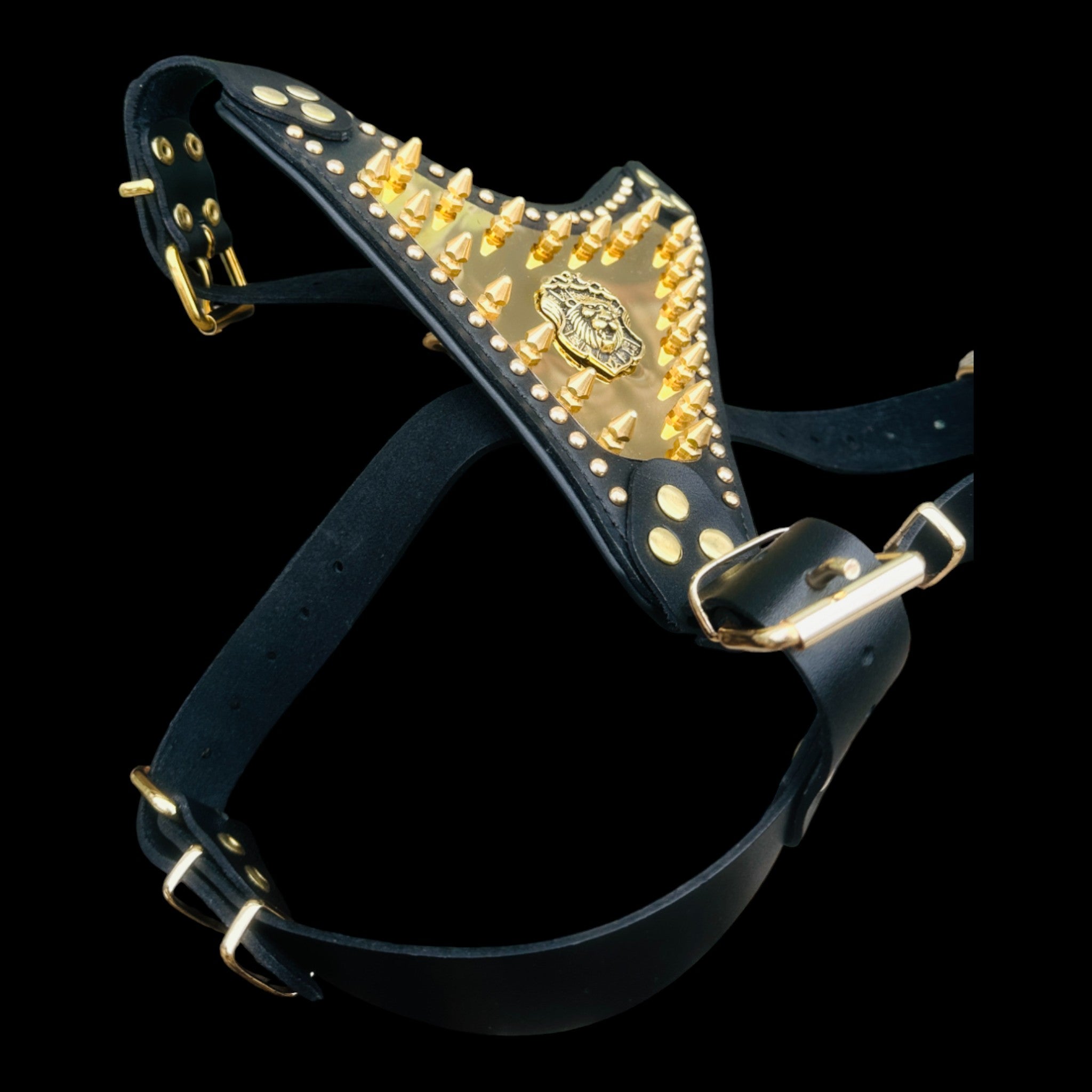 Handmade Luxury Dog Chest Harness with Gold Lion Logo – For Large Breeds