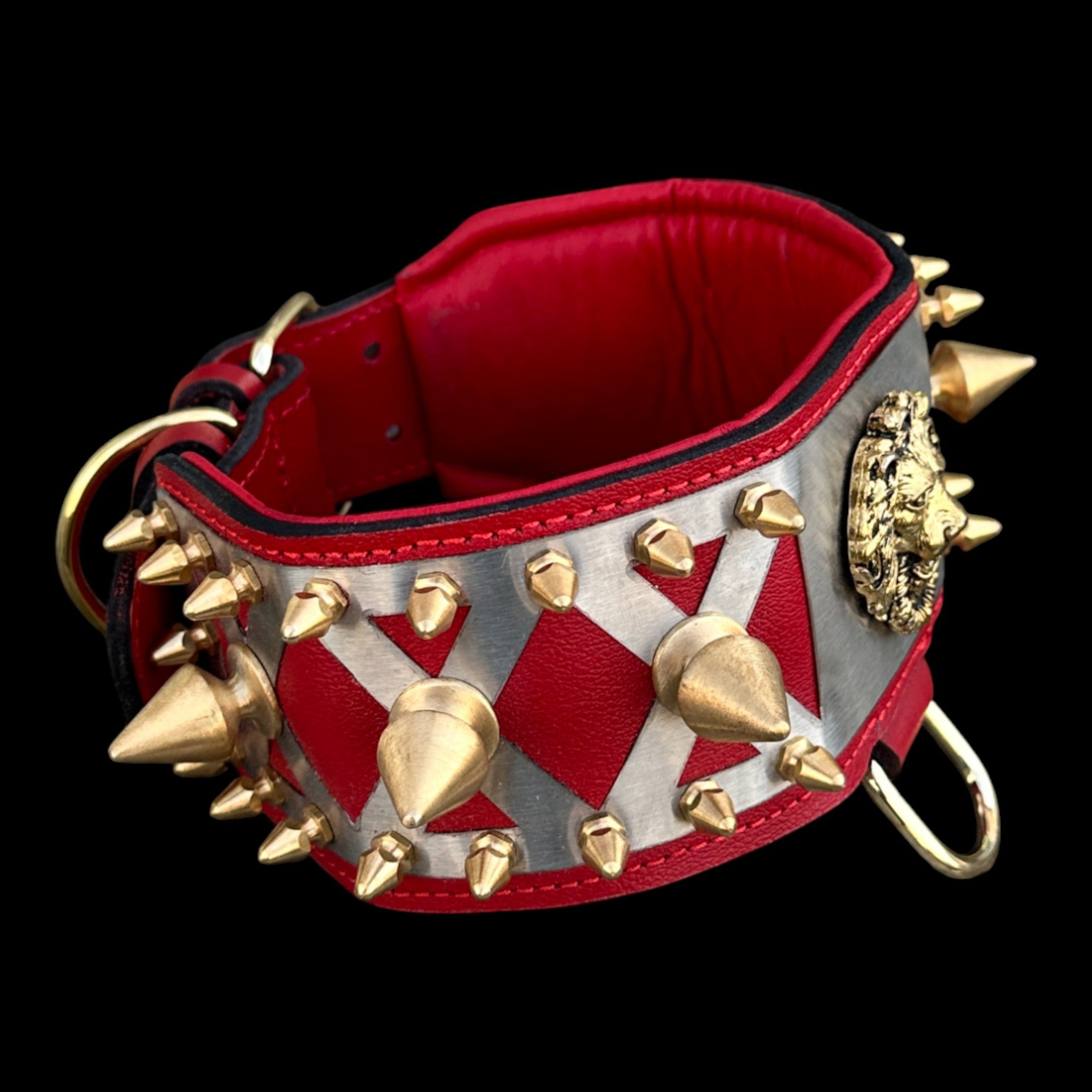 Gold spiked lion dog collar with steel plate design