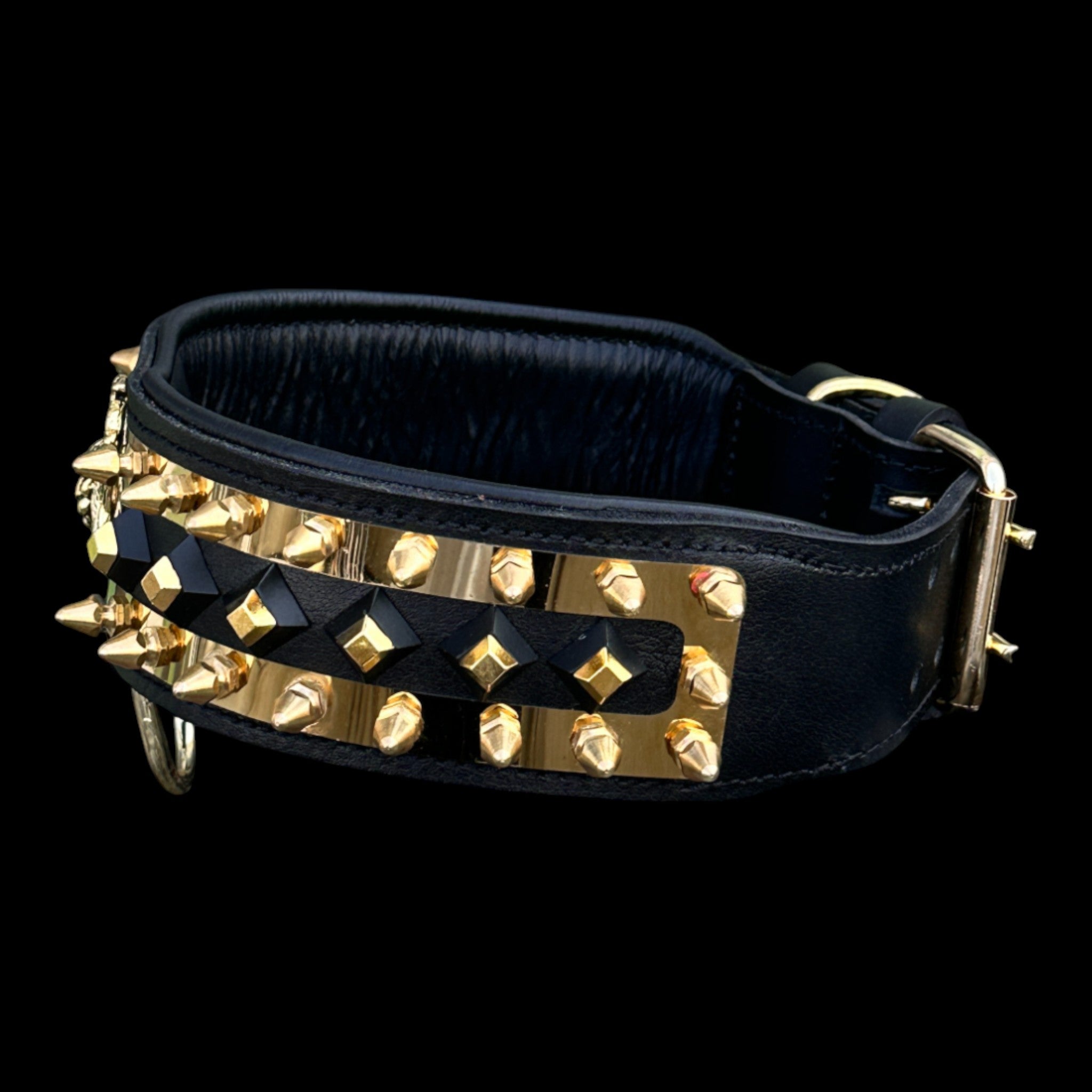 Handcrafted buffalo leather gold spiked collar for strong dogs