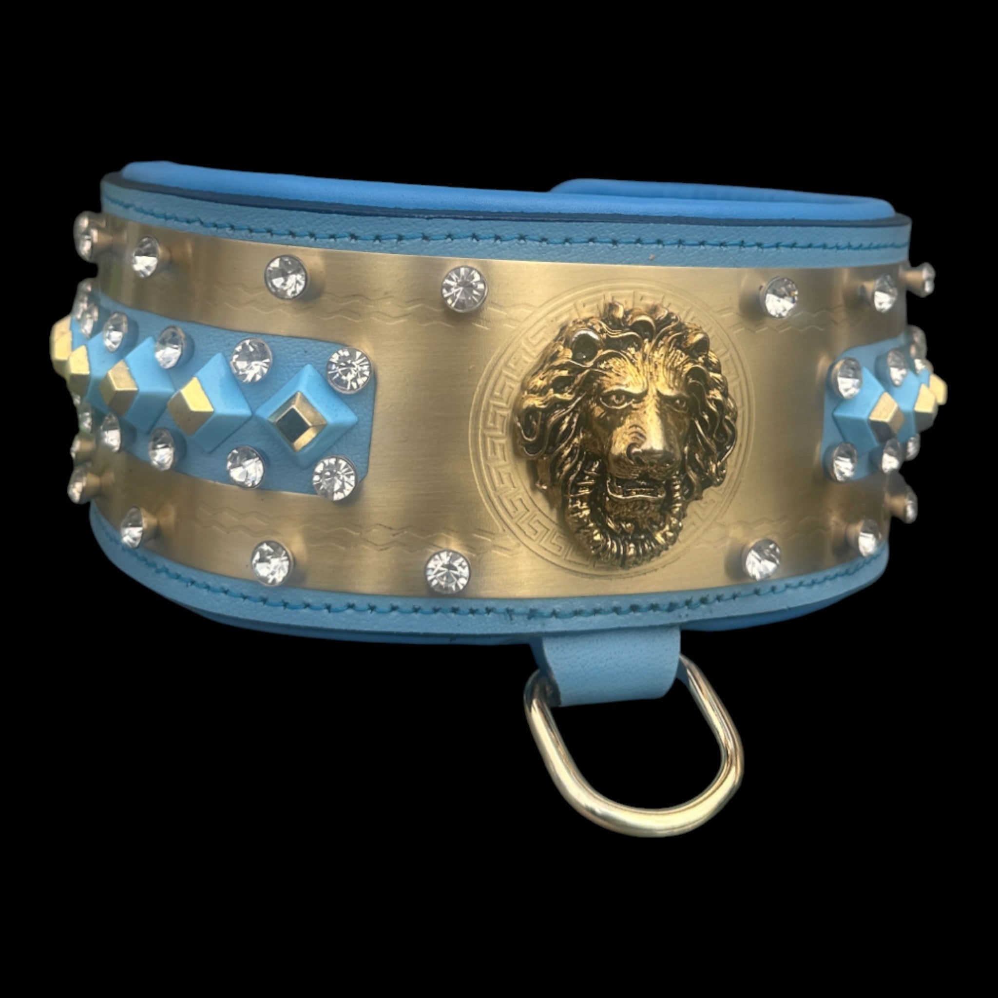Crystal-decorated buffalo leather collar handmade.