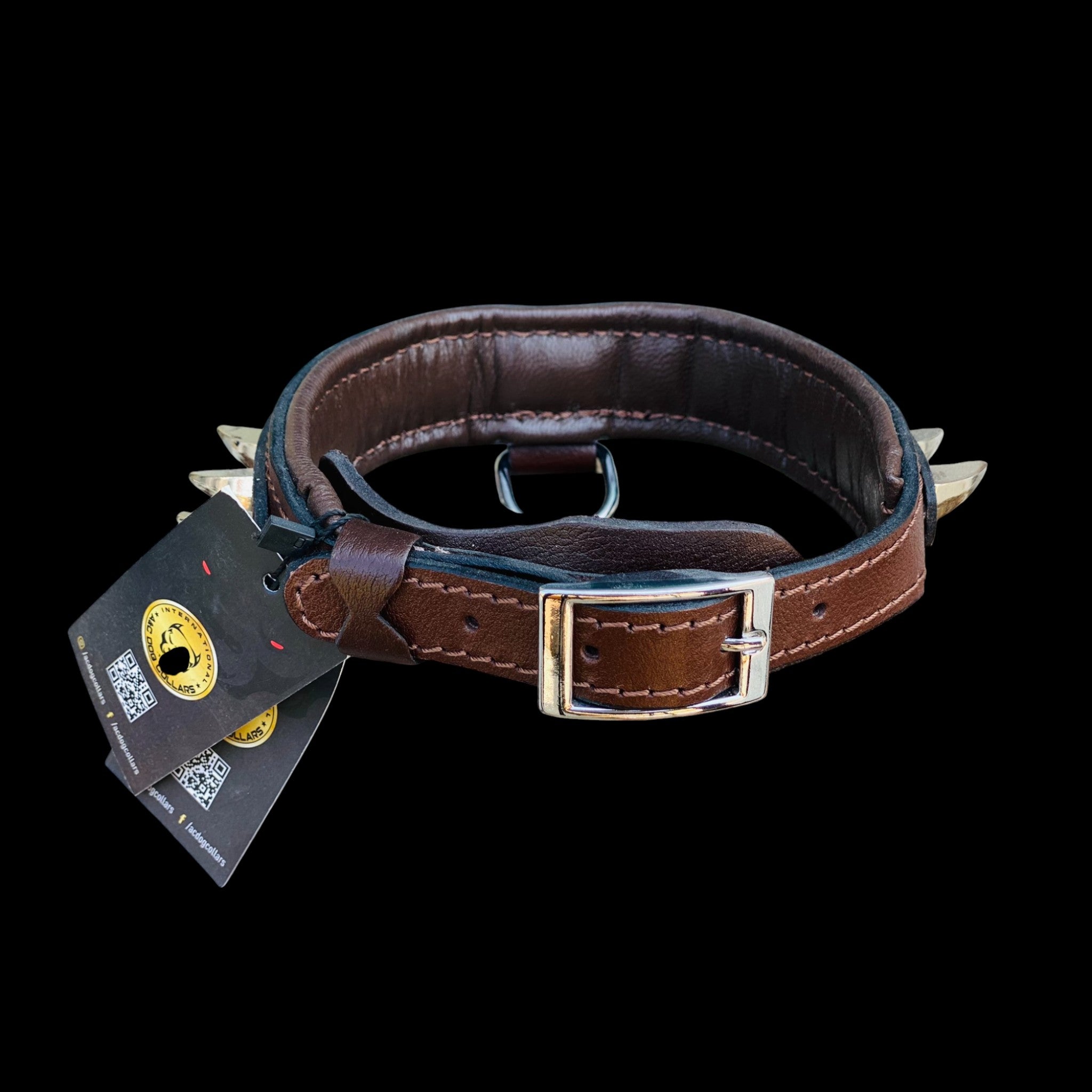 Luxury lion logo dog collar 4cm wide, brown leather with ivory spikes and gold details – durable design for large breeds like Cane Corso, Rottweiler, Kangal, American Bully