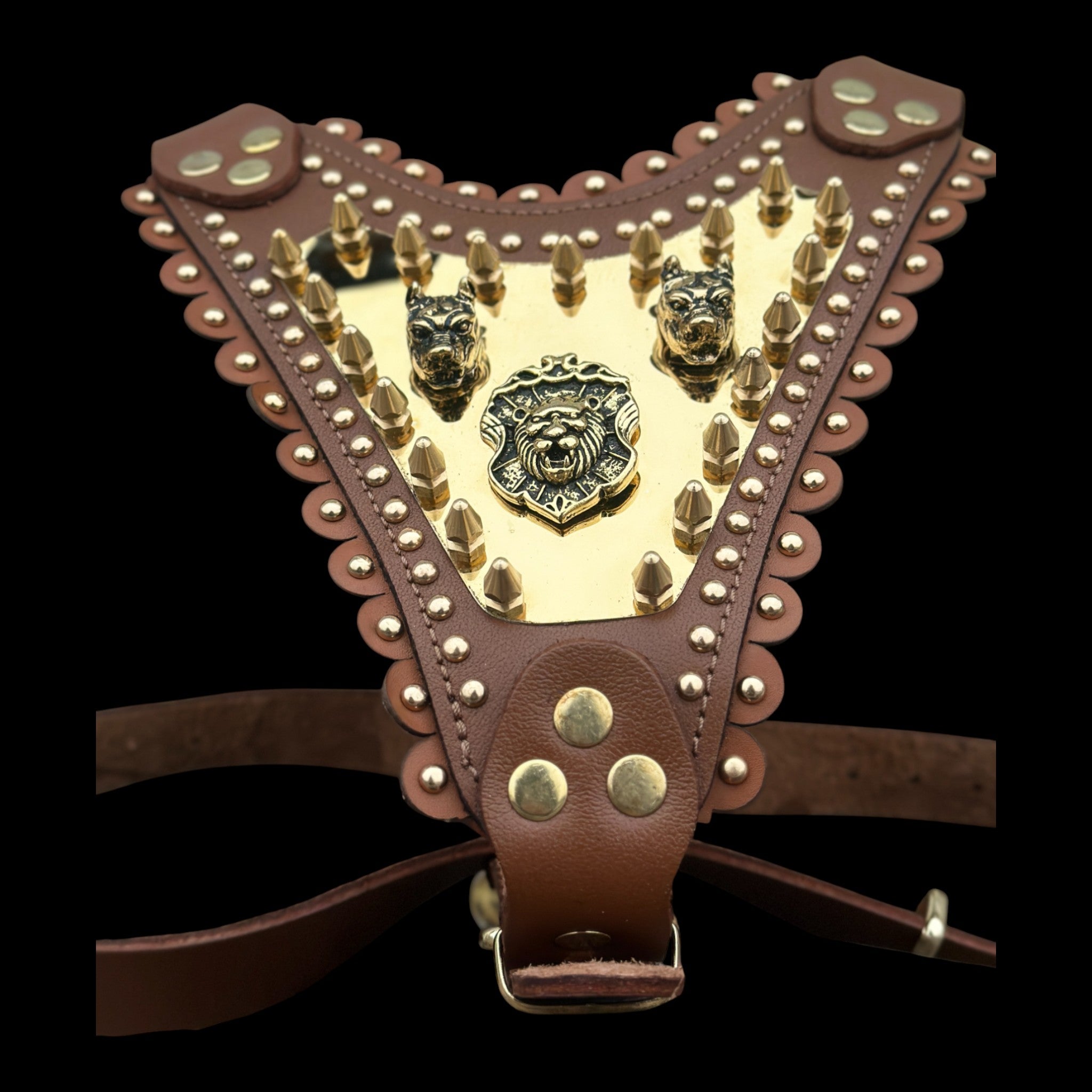 Luxury Handmade Brown Leather Dog Chest Harness with Gold Steel Plate, Bully Head & Lion Logo – Perfect for Cane Corso, Rottweiler, Kangal, Doberman, Bully, Malinois & Large Breeds