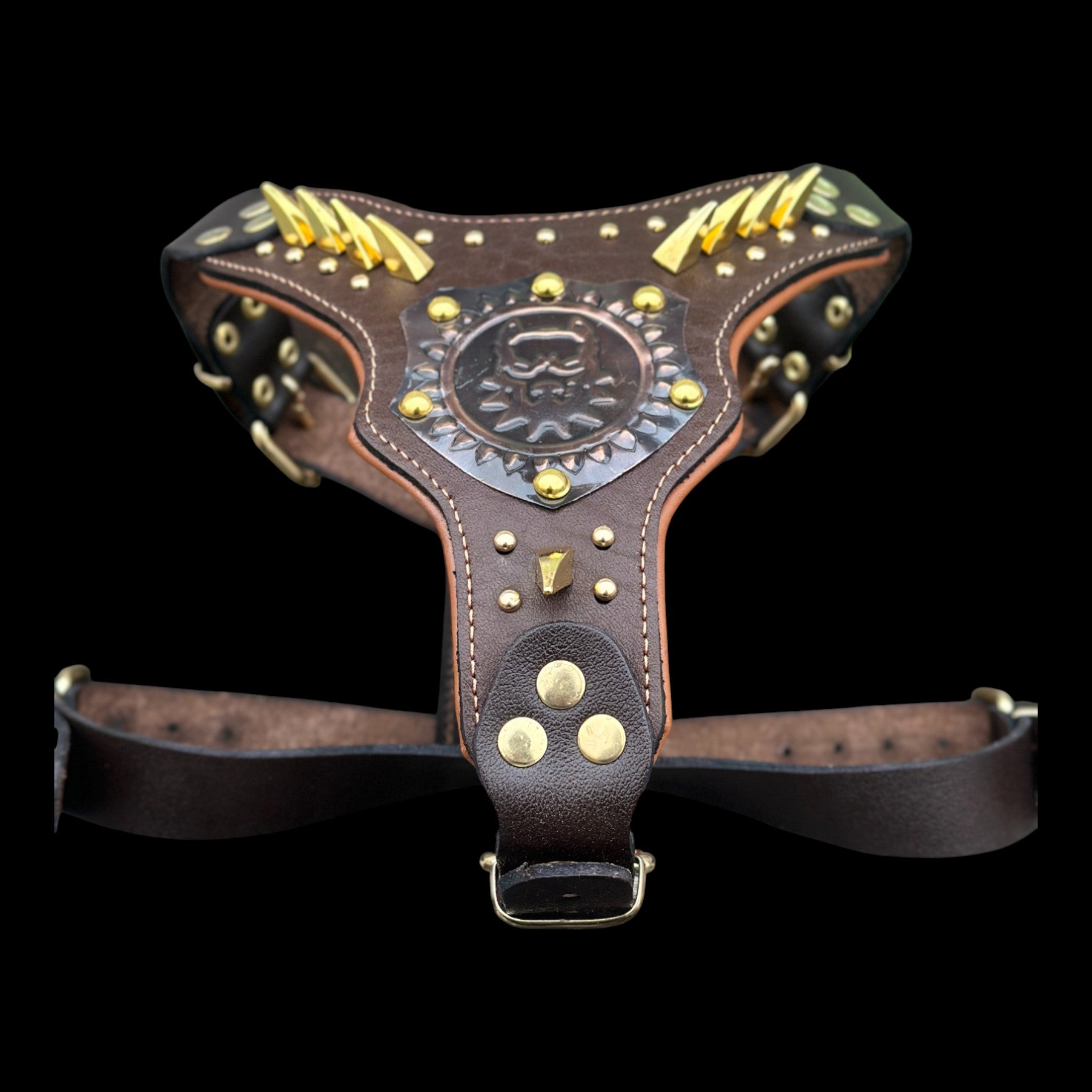 Brown Leather Dog Harness with Copper Engraved Logo & Gold Spikes – Handmade Chest Harness for Large Breeds