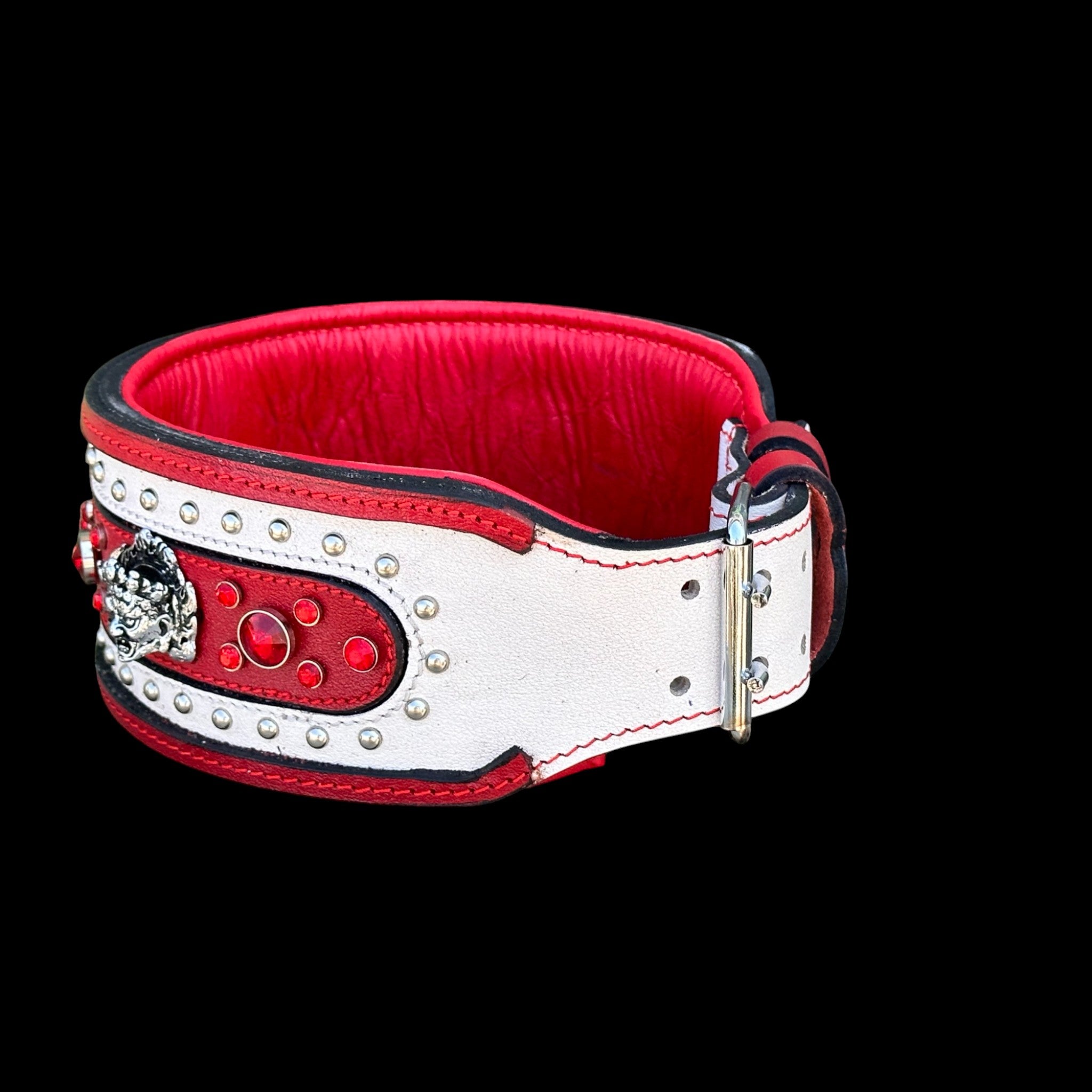 Extra Wide 3.15 Inch Handmade Dog Collar – Red & White Premium Crystal Stones