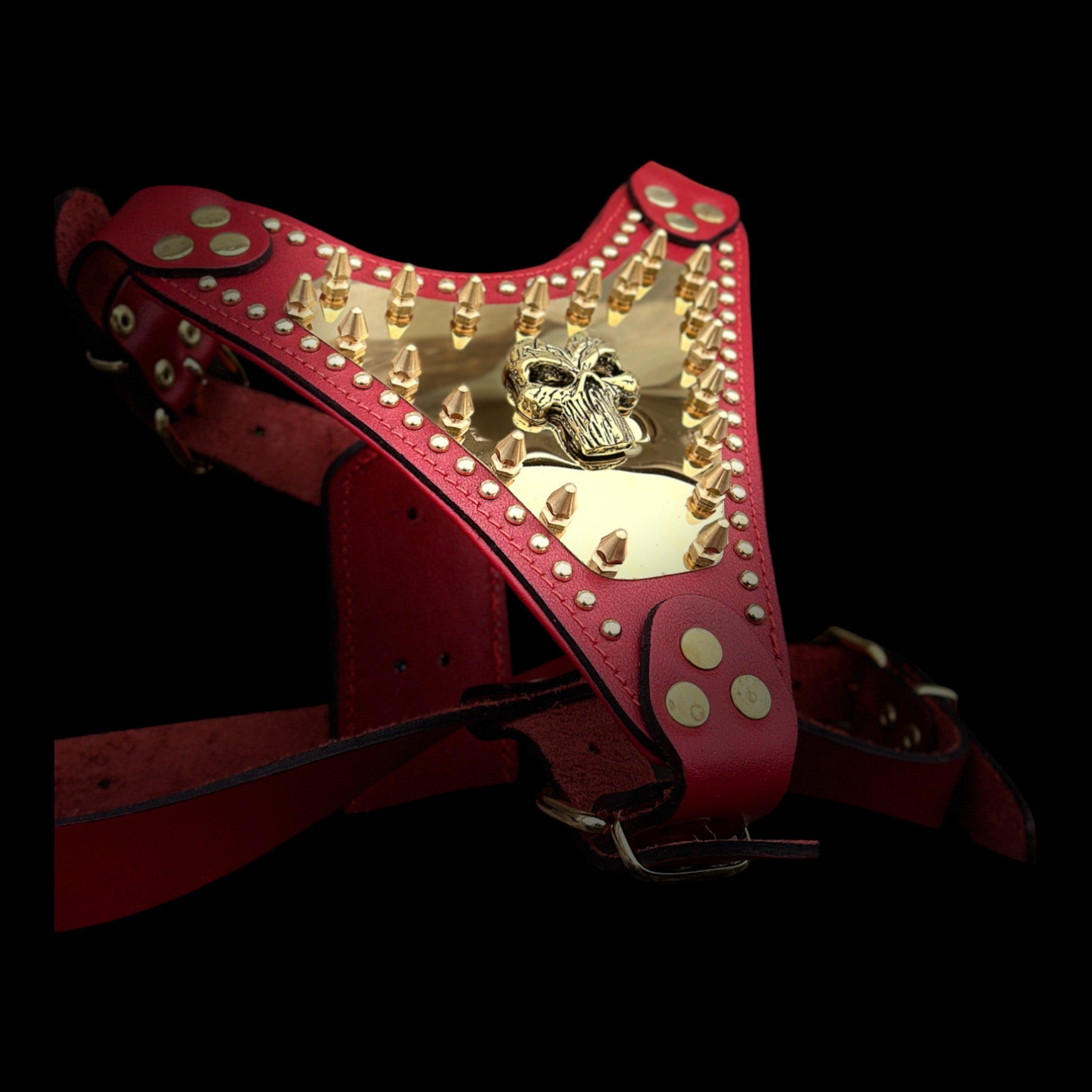Handmade Red Leather Dog Harness with Punisher Logo