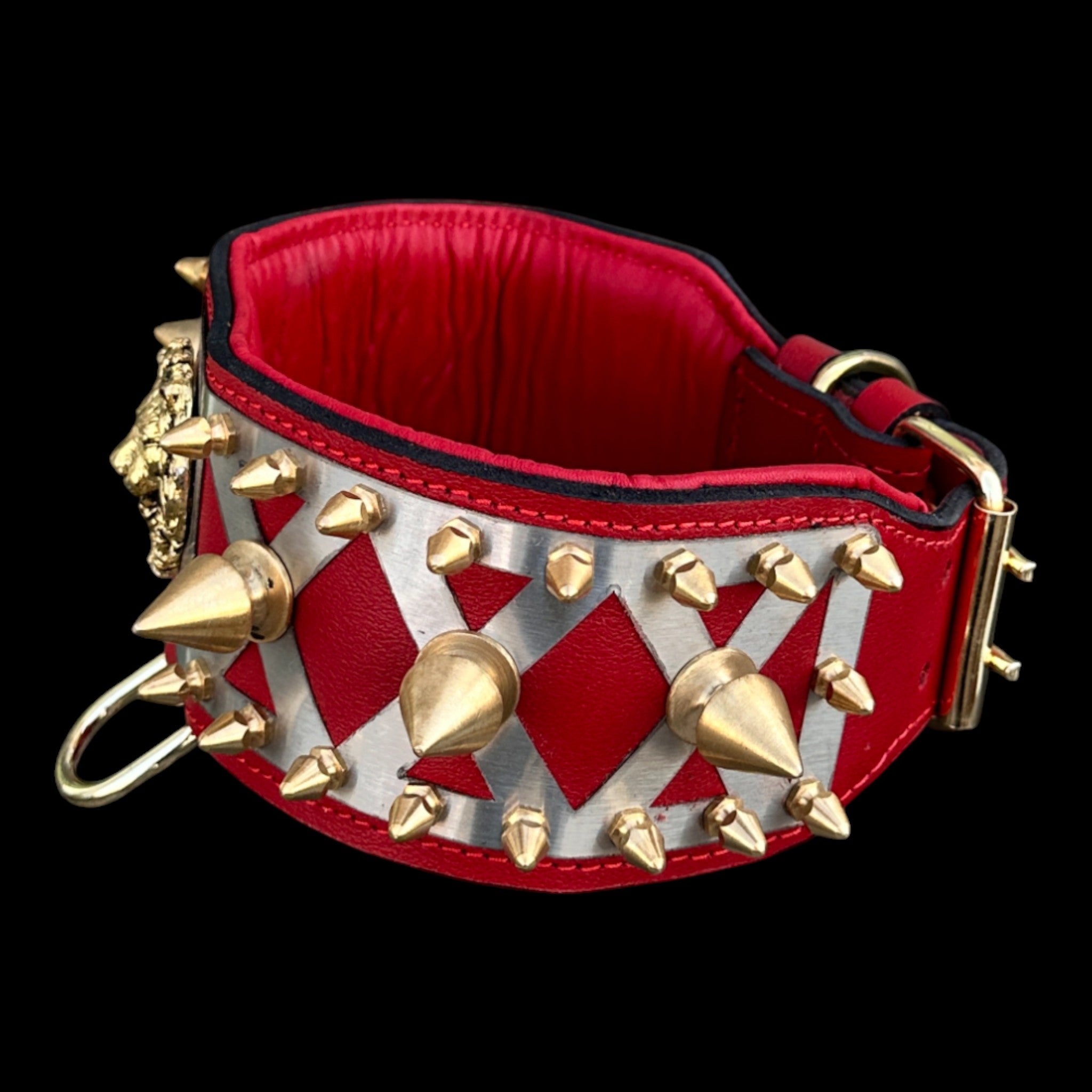 Red and gold leather dog collar for Cane Corso