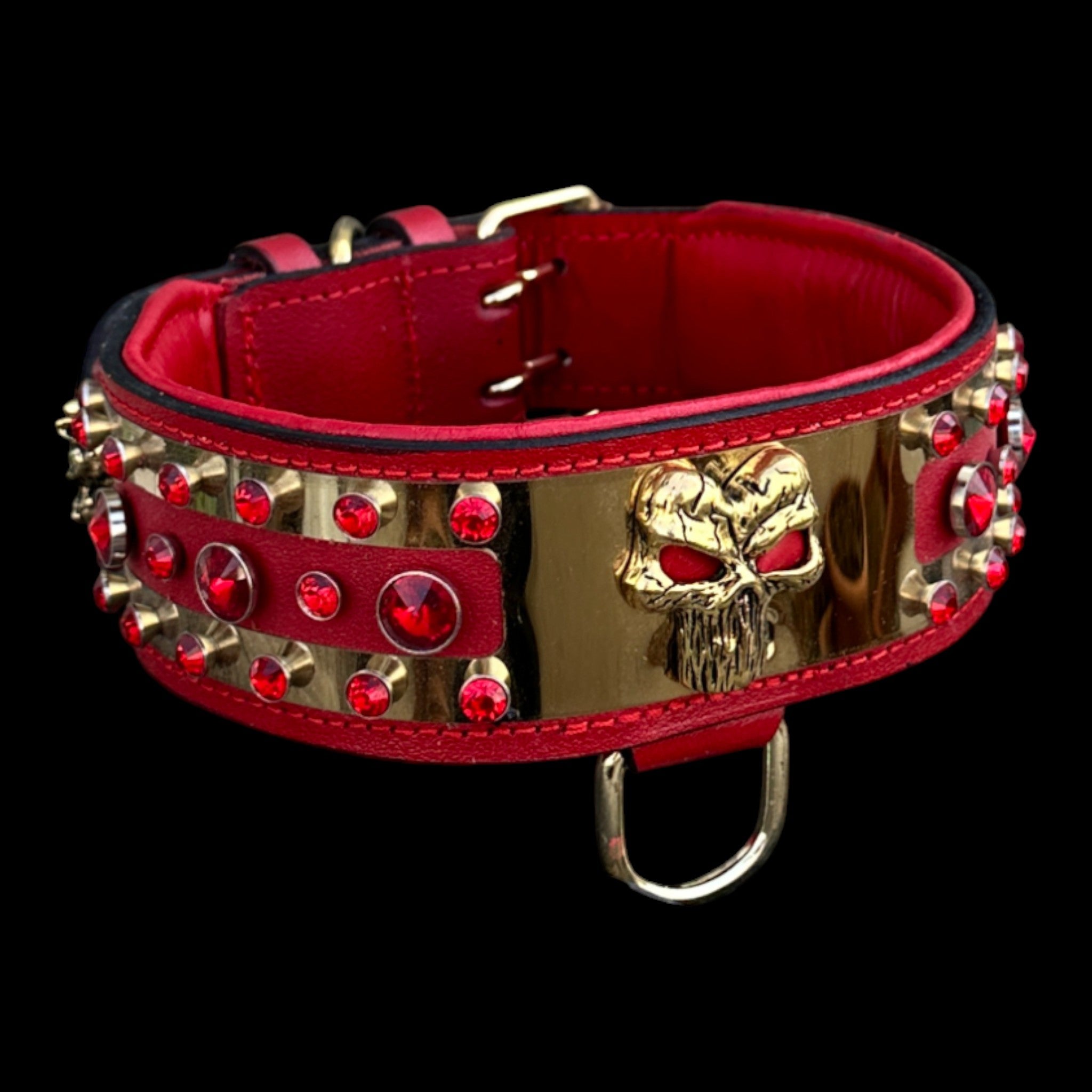 Heavy-duty buffalo leather dog collar with golden spikes and crystals