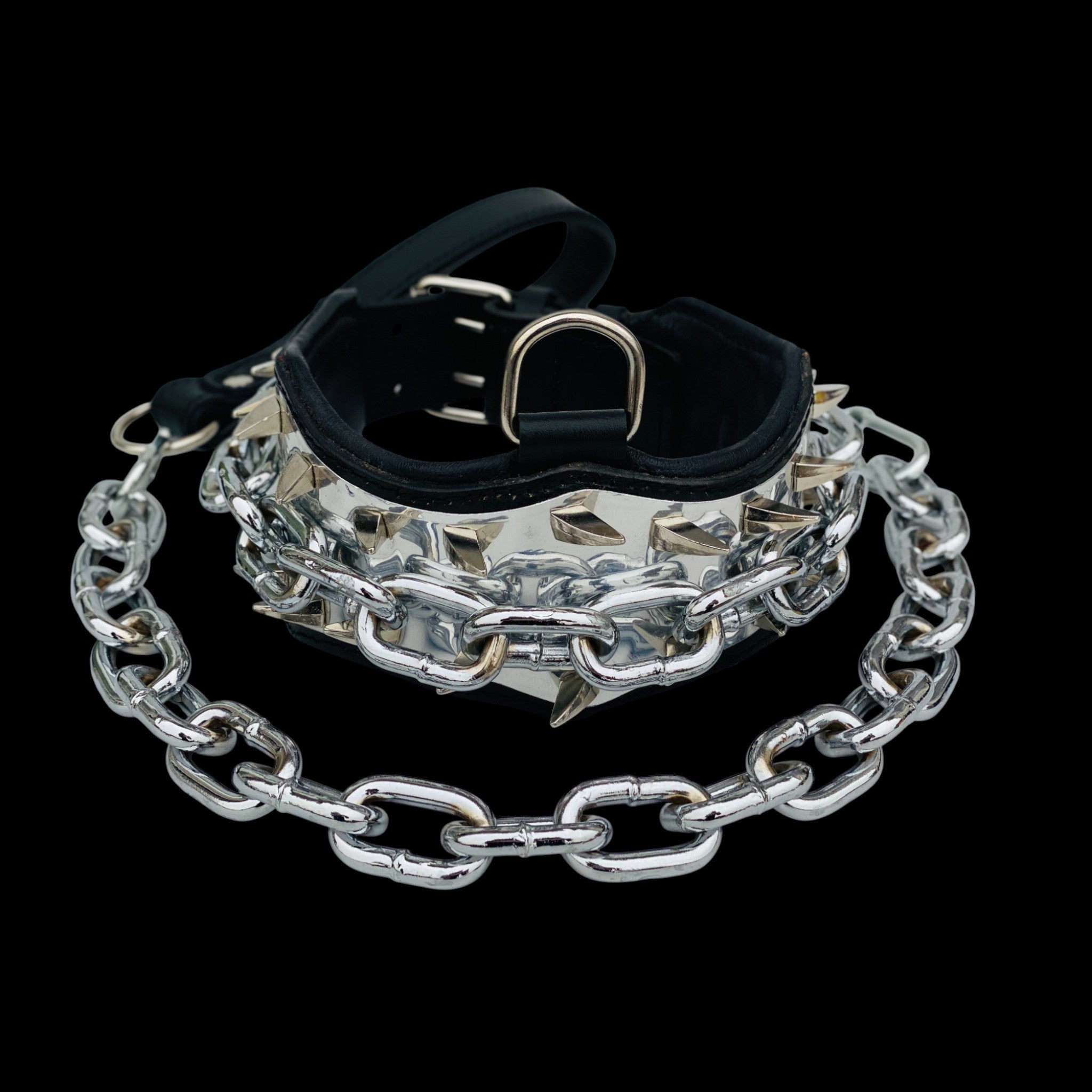 Close-up of steel chain and spike details on dog collar
