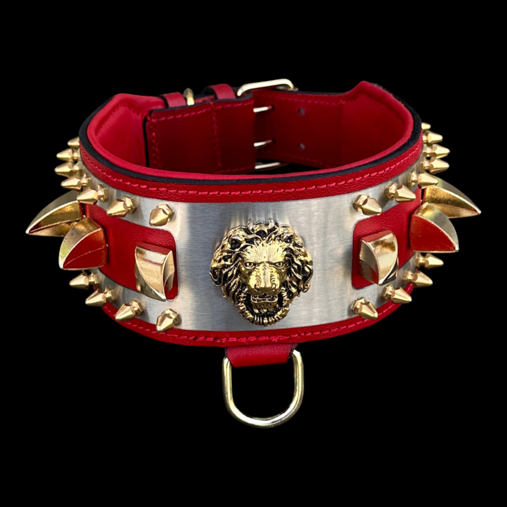 Handcrafted leather collar with gold hardware and bold design.