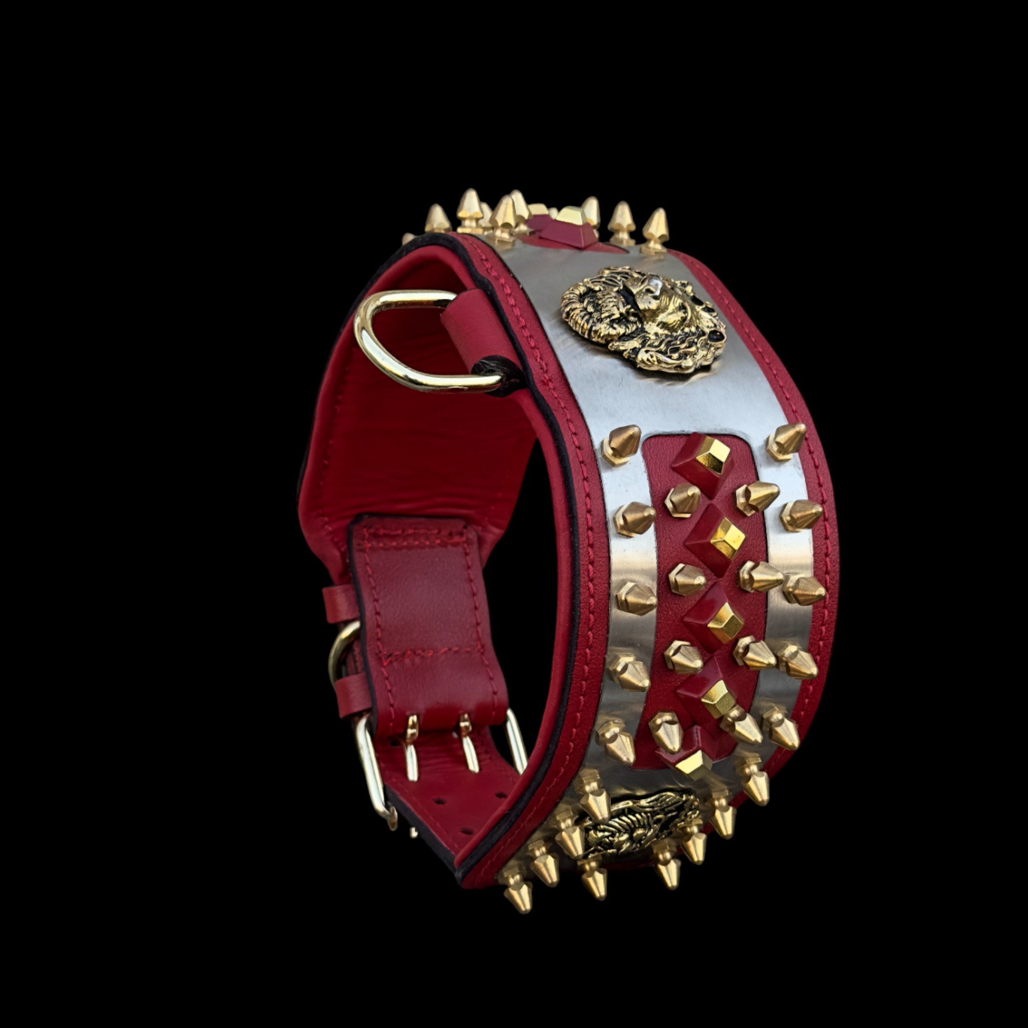 3.15 inch handmade red leather dog collar with steel plate and gold lion emblem – luxury design for strong breeds