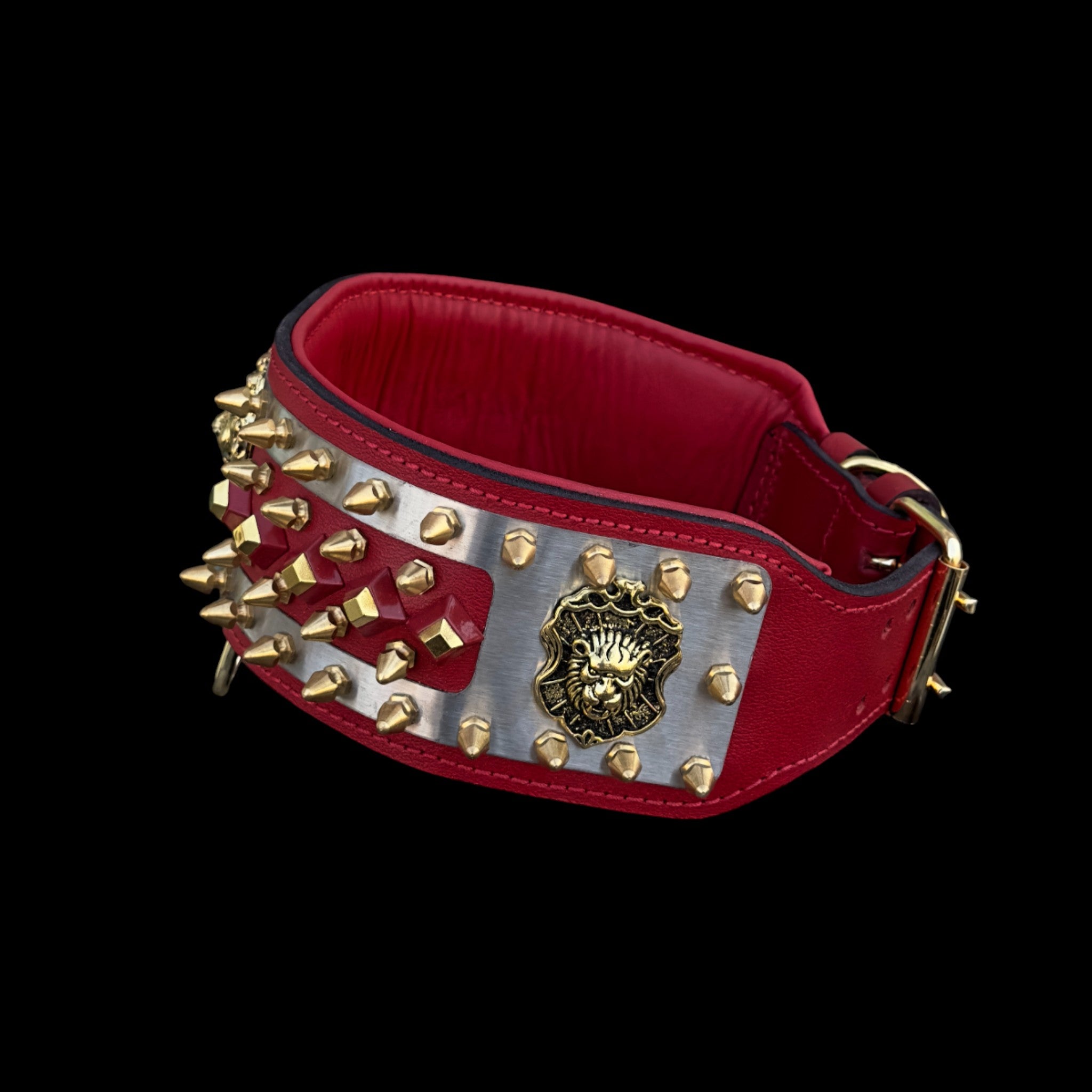 Side view of Lion Emperor Red Steel Edition showing gold spikes and steel plate details.