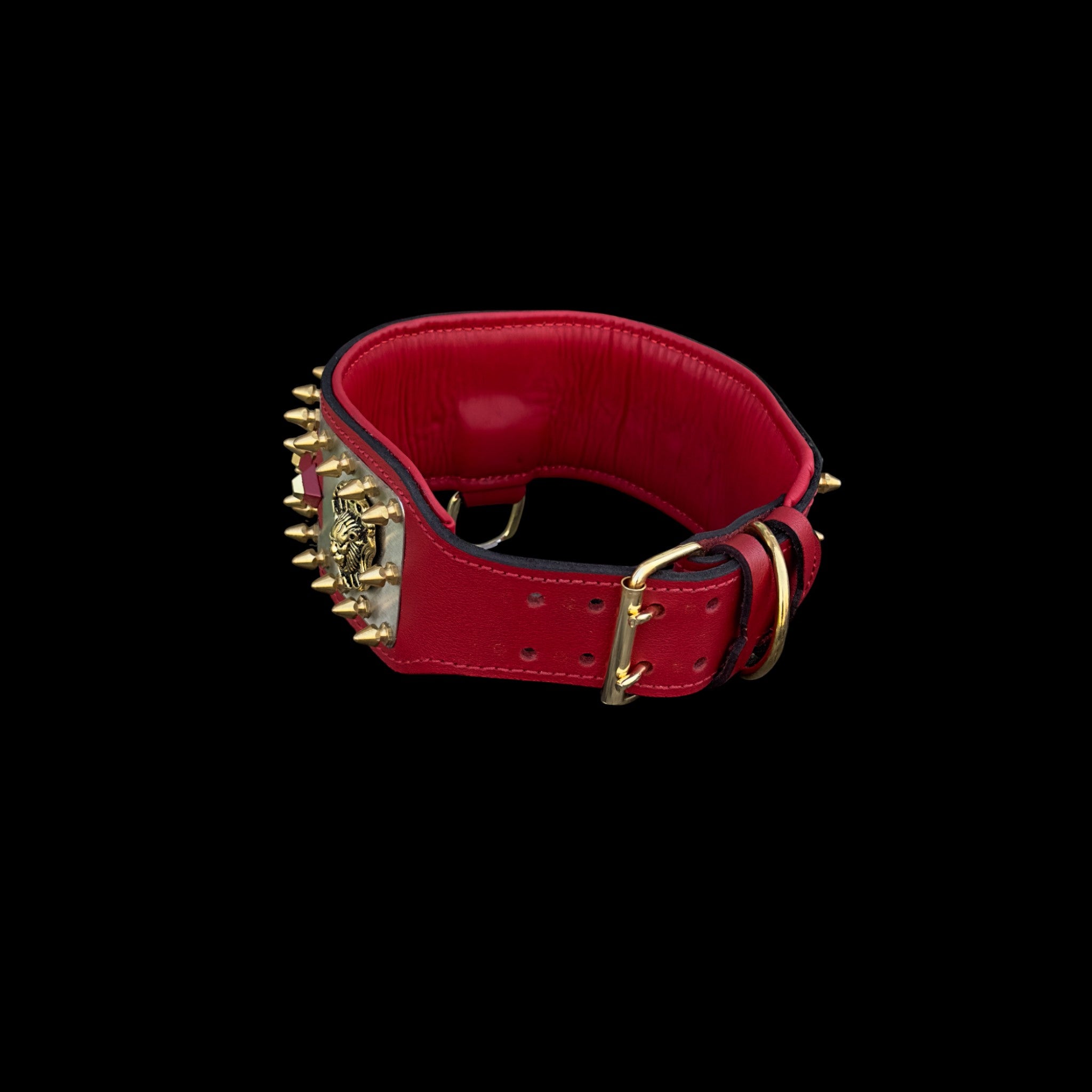 Close-up of lion logo on steel plate – handcrafted premium dog collar for large breeds.