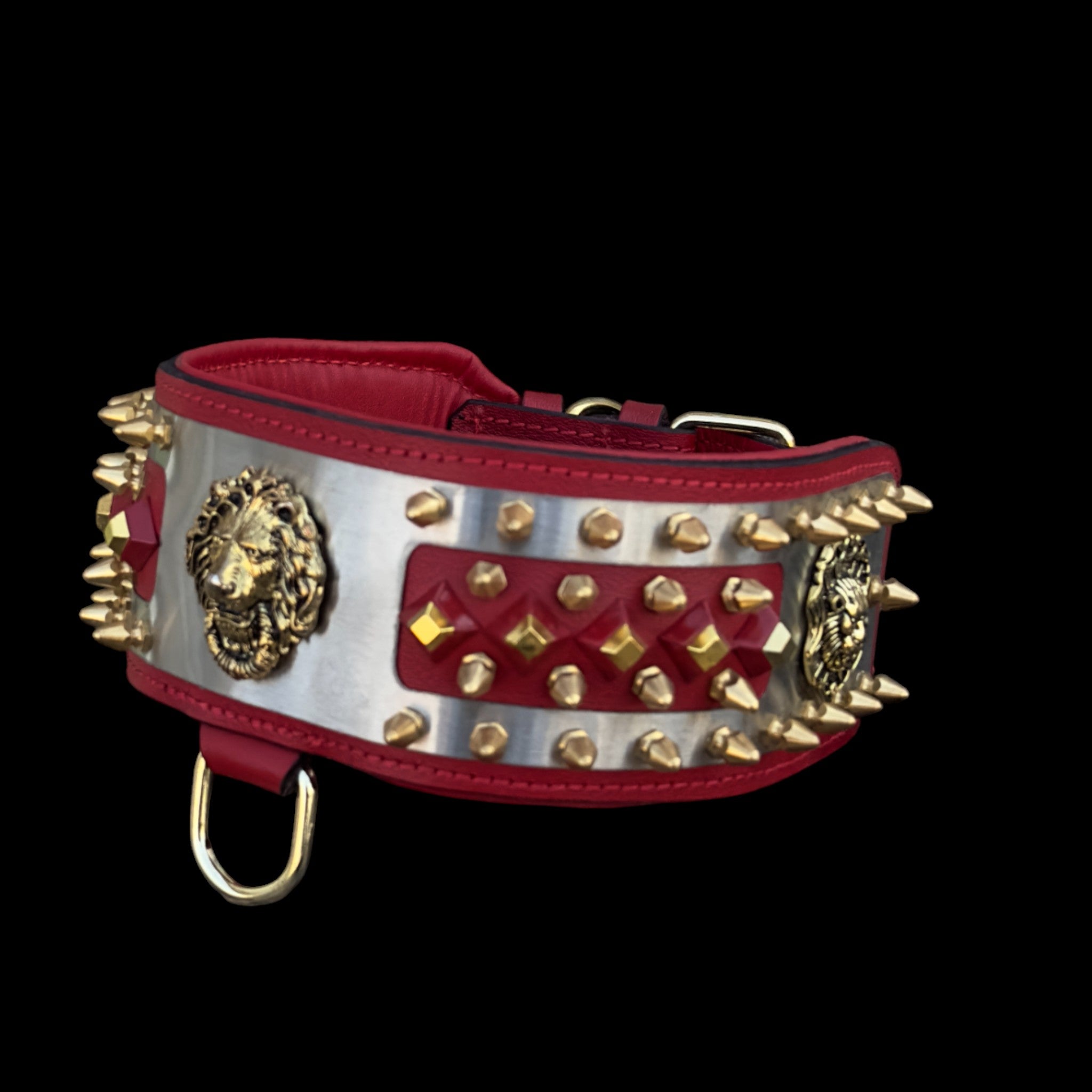 Large breed dog wearing red steel leather collar with lion symbol – power and elegance combined.