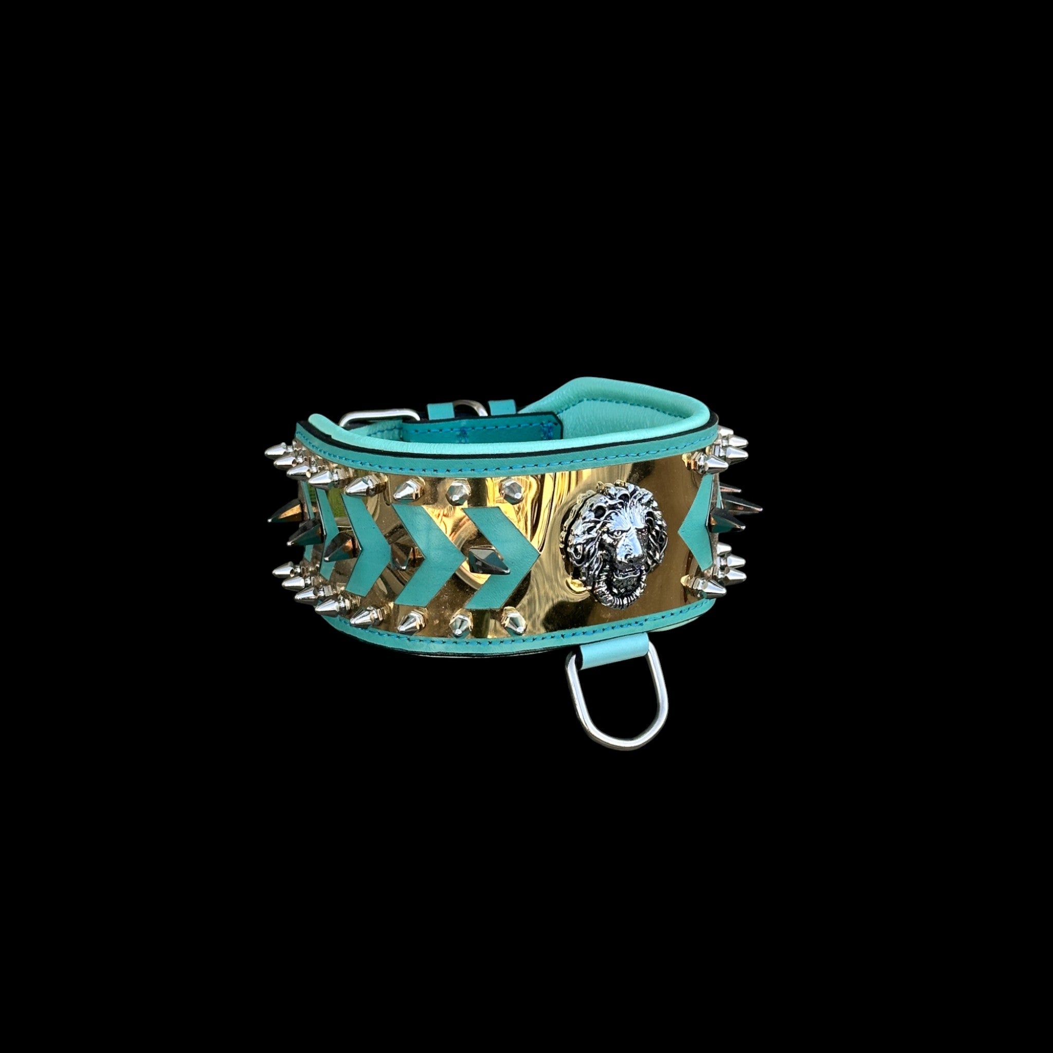 Packaged Lion Emperor Turquoise Edition handmade collar ready for UPS Express delivery.