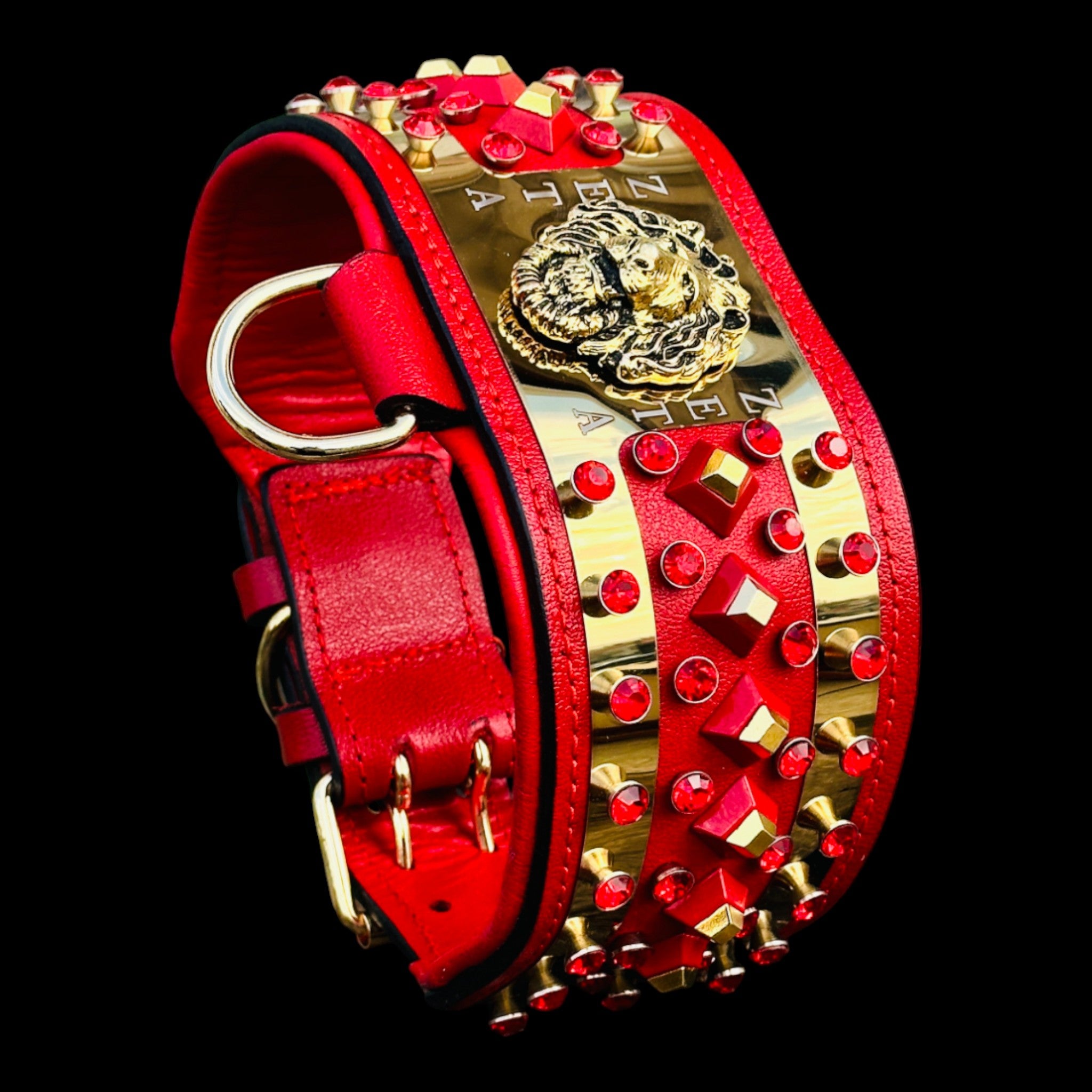 Handmade buffalo leather collar with red crystals