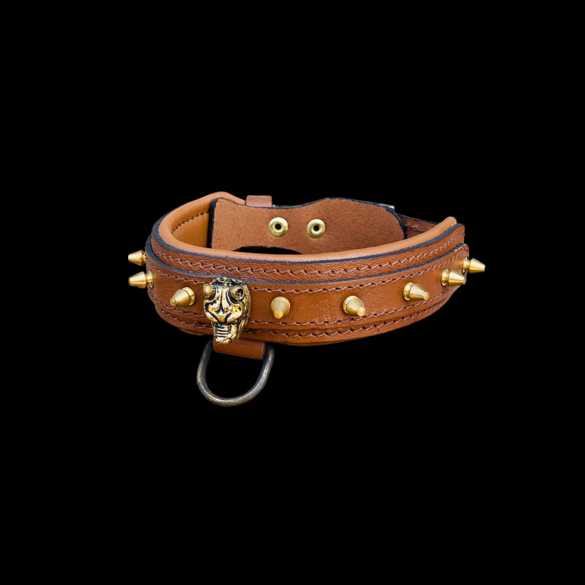 Custom handmade bully head dog collar 4cm wide, brown leather with golden spikes – perfect for large working breeds like K9, Cane Corso, Rottweiler