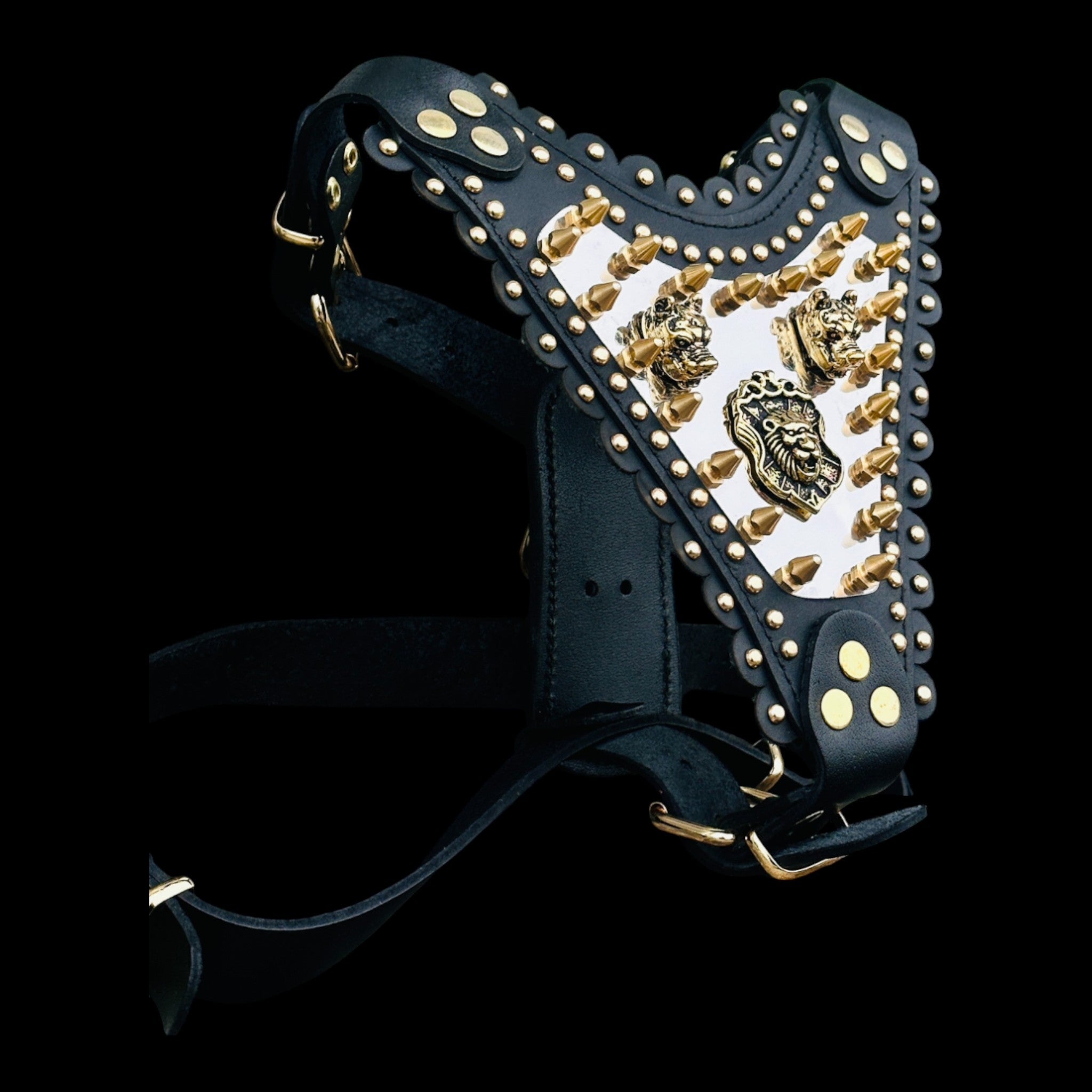 Luxury Handmade Dog Harness with Bully Head & Lion Logo – Black Leather, Gold Spikes, Heavy Duty for Large Breeds