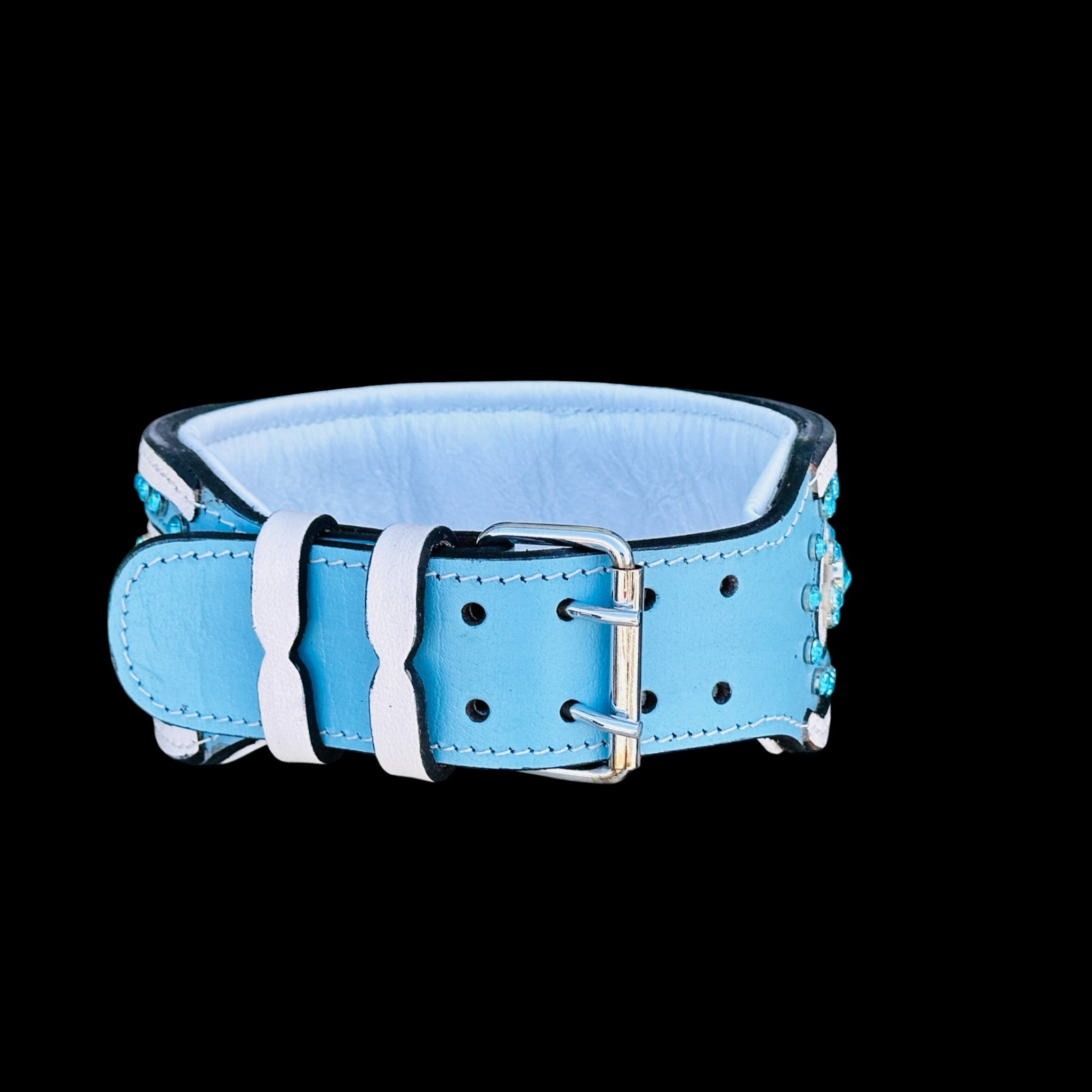 Handcrafted Turquoise Crystal Dog Collar – Wide & Thick Leather Design with Steel D-Ring for Cane Corso, Rottweiler, Doberman, Kangal, American Bully