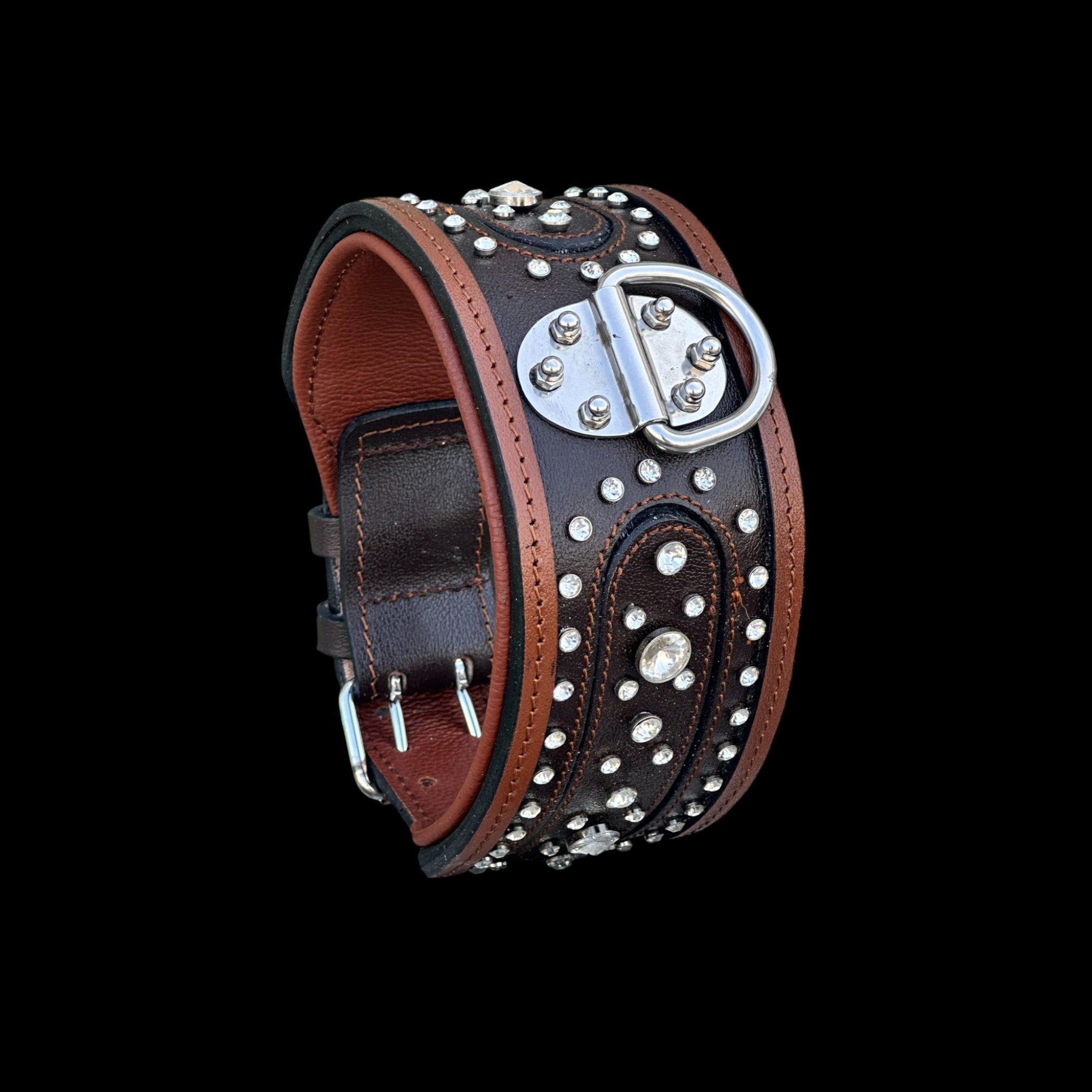 Handcrafted 8cm (3.15 inch) Wide Leather Dog Collar – Crystal Studded Design with Steel D-Ring for Cane Corso, Rottweiler, Doberman, Kangal, American Bully