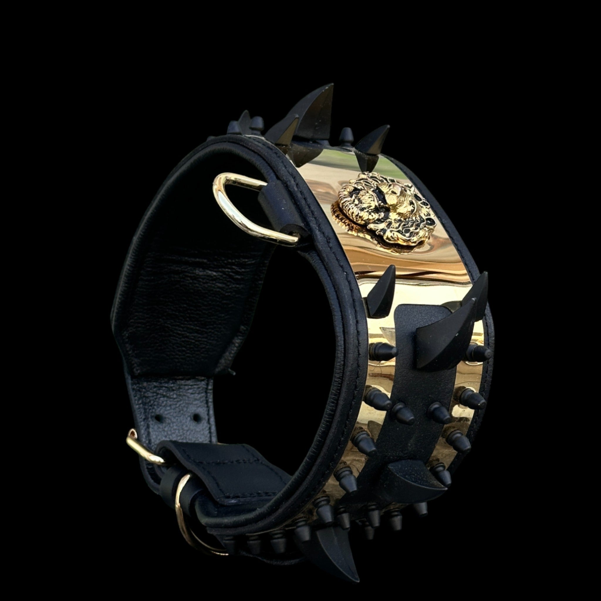 Handmade black and gold lion logo leather dog collar for large breeds