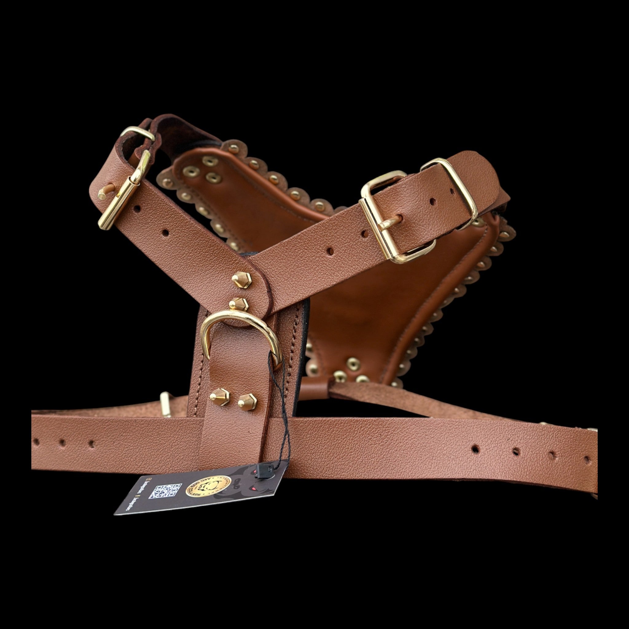 Luxury Handmade Brown Leather Dog Chest Harness with Gold Steel Plate, Bully Head & Lion Logo – Perfect for Cane Corso, Rottweiler, Kangal, Doberman, Bully, Malinois & Large Breeds