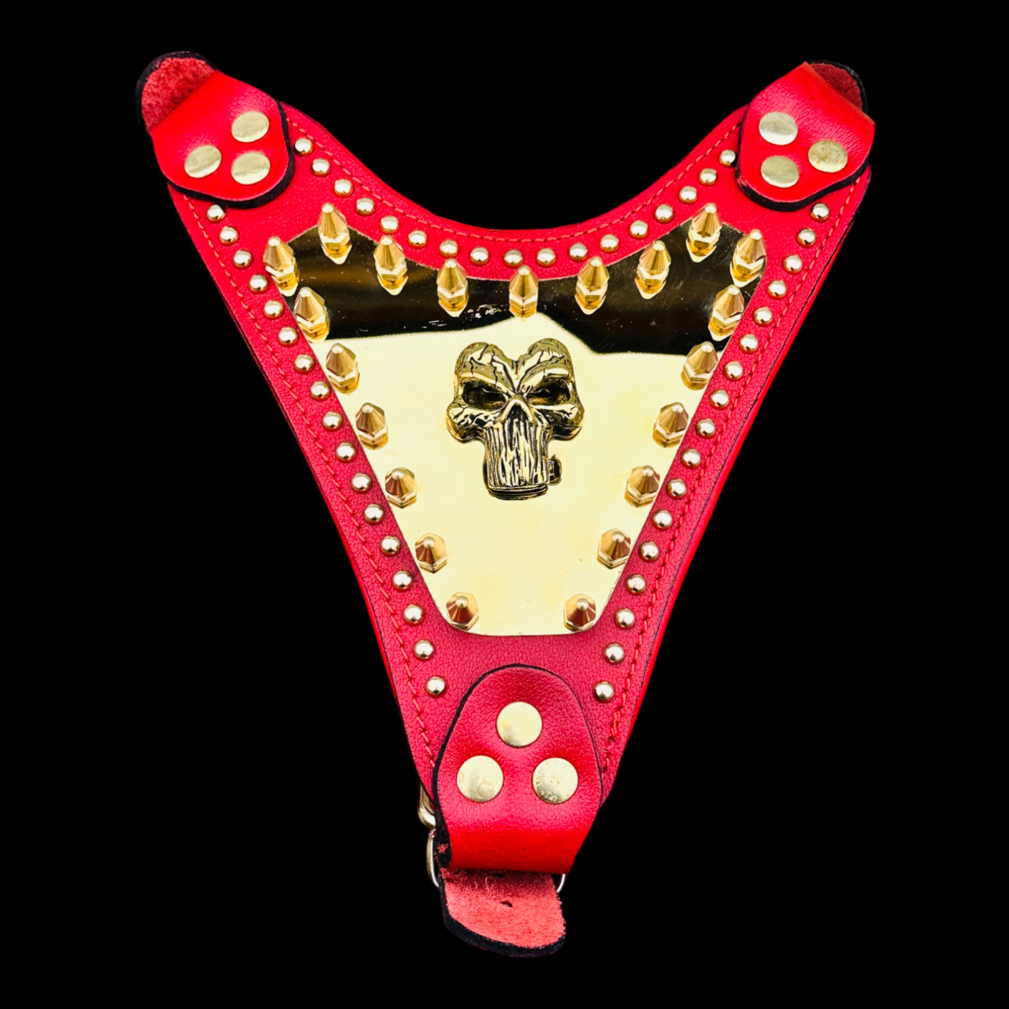 Handmade Red Leather Dog Harness with Punisher Logo