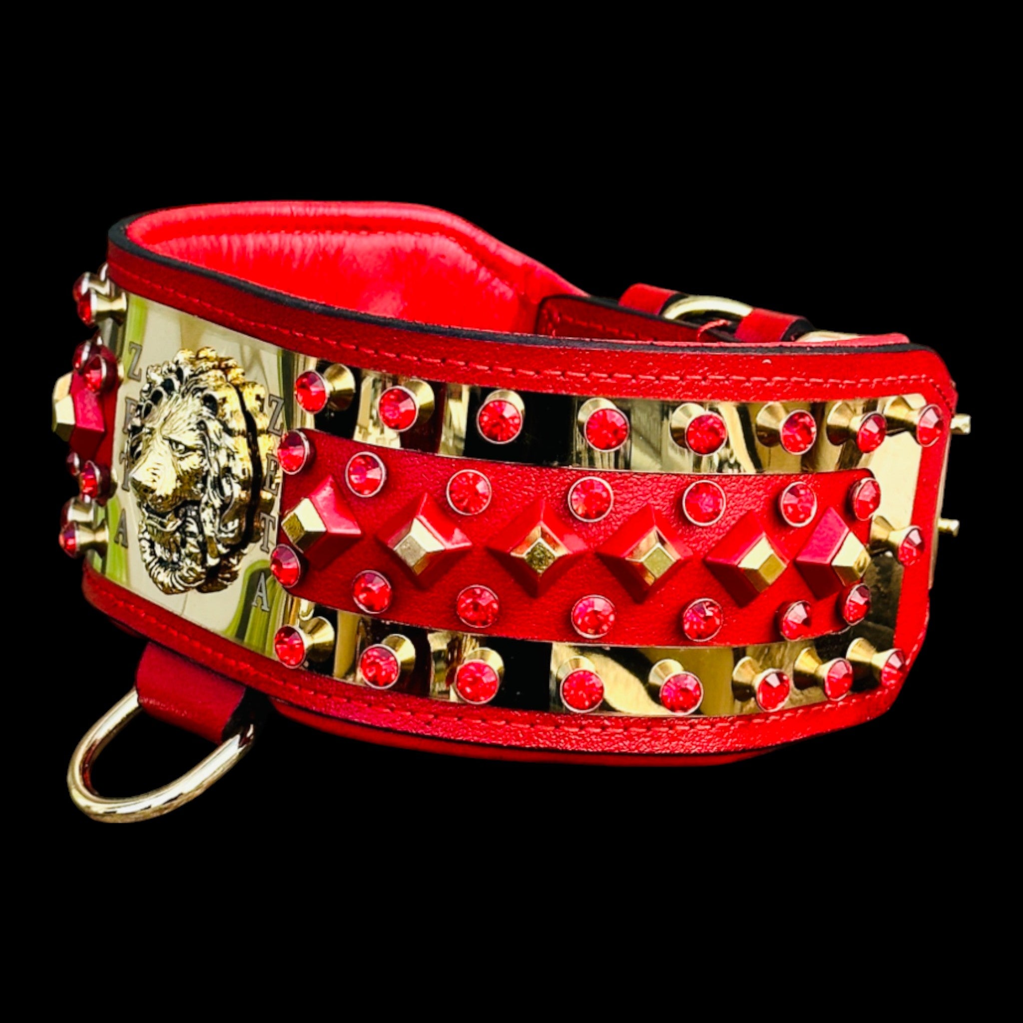 Gold lion logo on luxury red dog collar