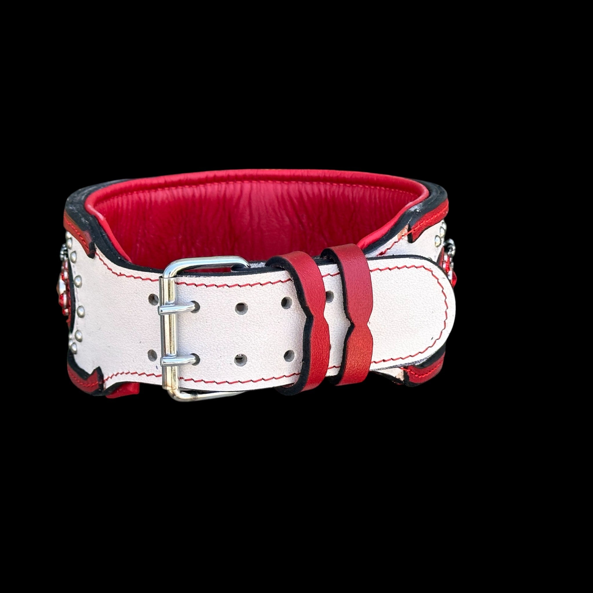 Extra Wide 3.15 Inch Handmade Dog Collar – Red & White Premium Crystal Stones