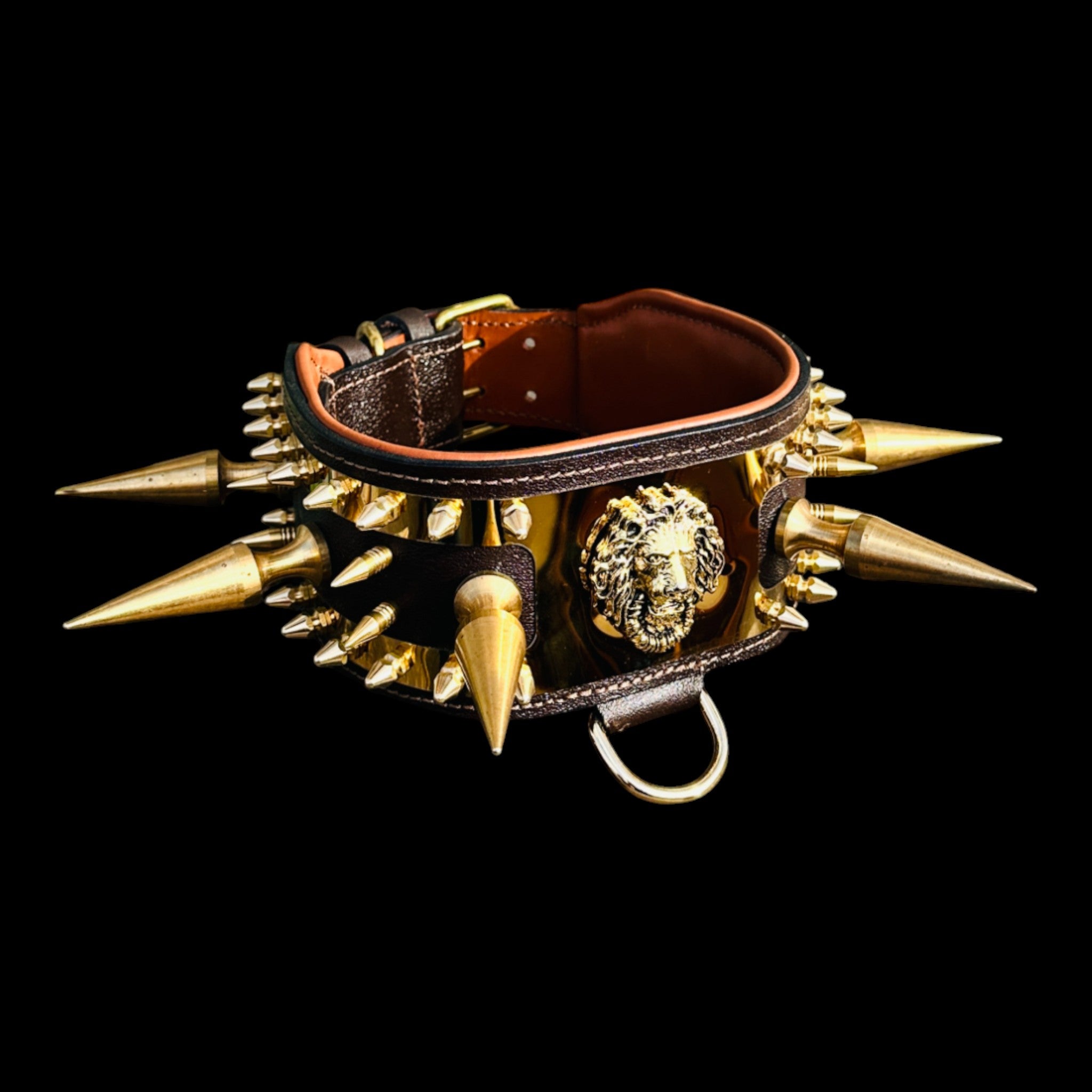 K9 collar with gold spikes and lion logo